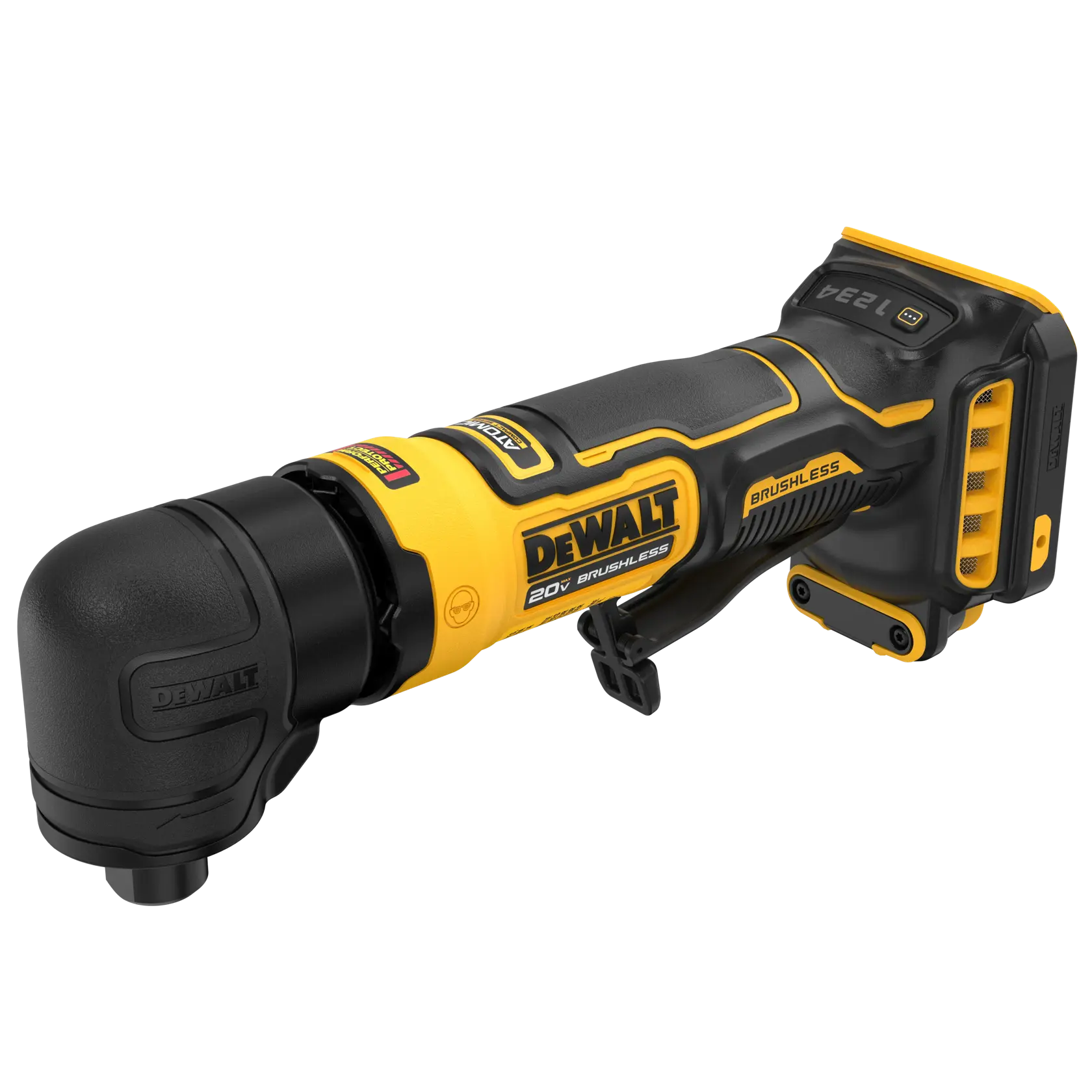 DEWALT 20V cordless brushless angle grinder tool in black and yellow, shown against a white background.