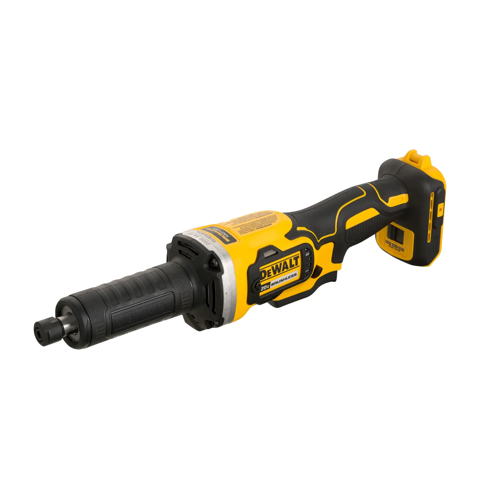 A DEWALT cordless handheld tool, specifically a brushless 20V die grinder, is shown in a yellow and black design. The tool is positioned on a white background.