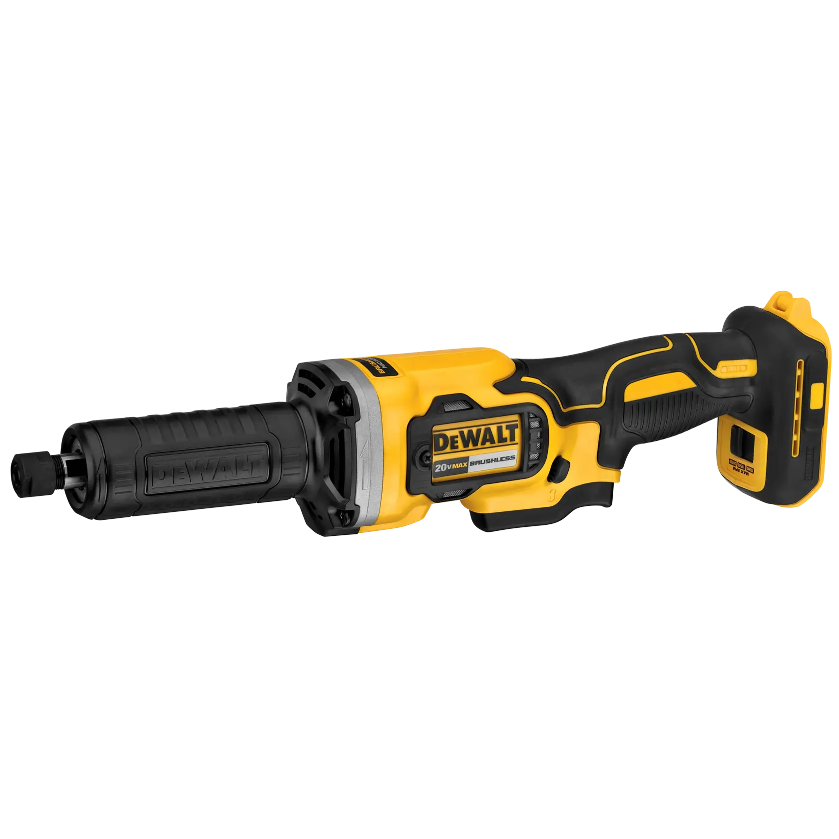 A DEWALT 20V MAX brushless cordless die grinder in yellow and black, designed for professional grinding and polishing tasks. The tool features an ergonomic handle and a compact build, with a visible battery compartment on the rear.