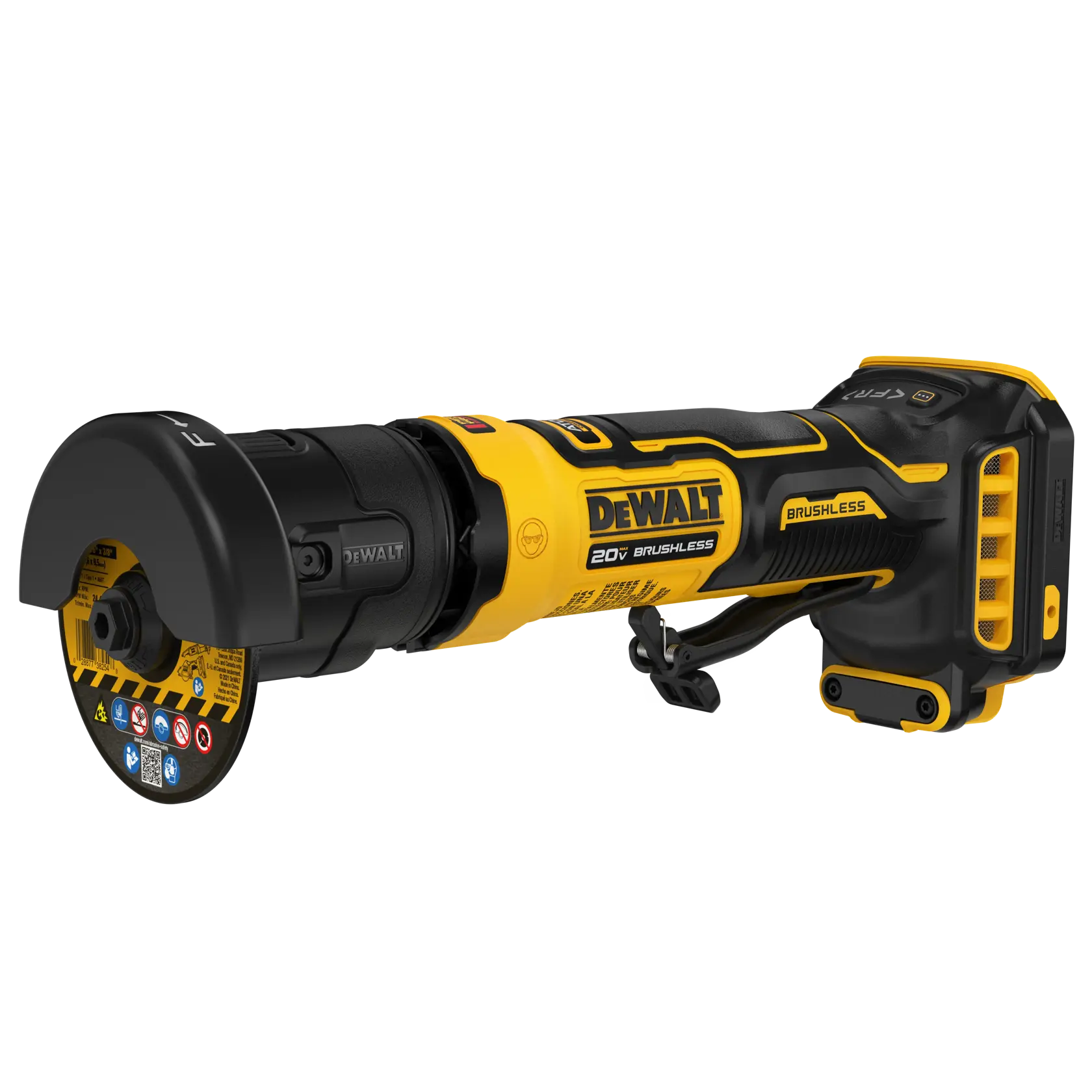 A DEWALT 20V cordless brushless cut-off tool, model DCG430B, shown in yellow and black. The tool has a protective guard over the cutting disc and is battery powered.