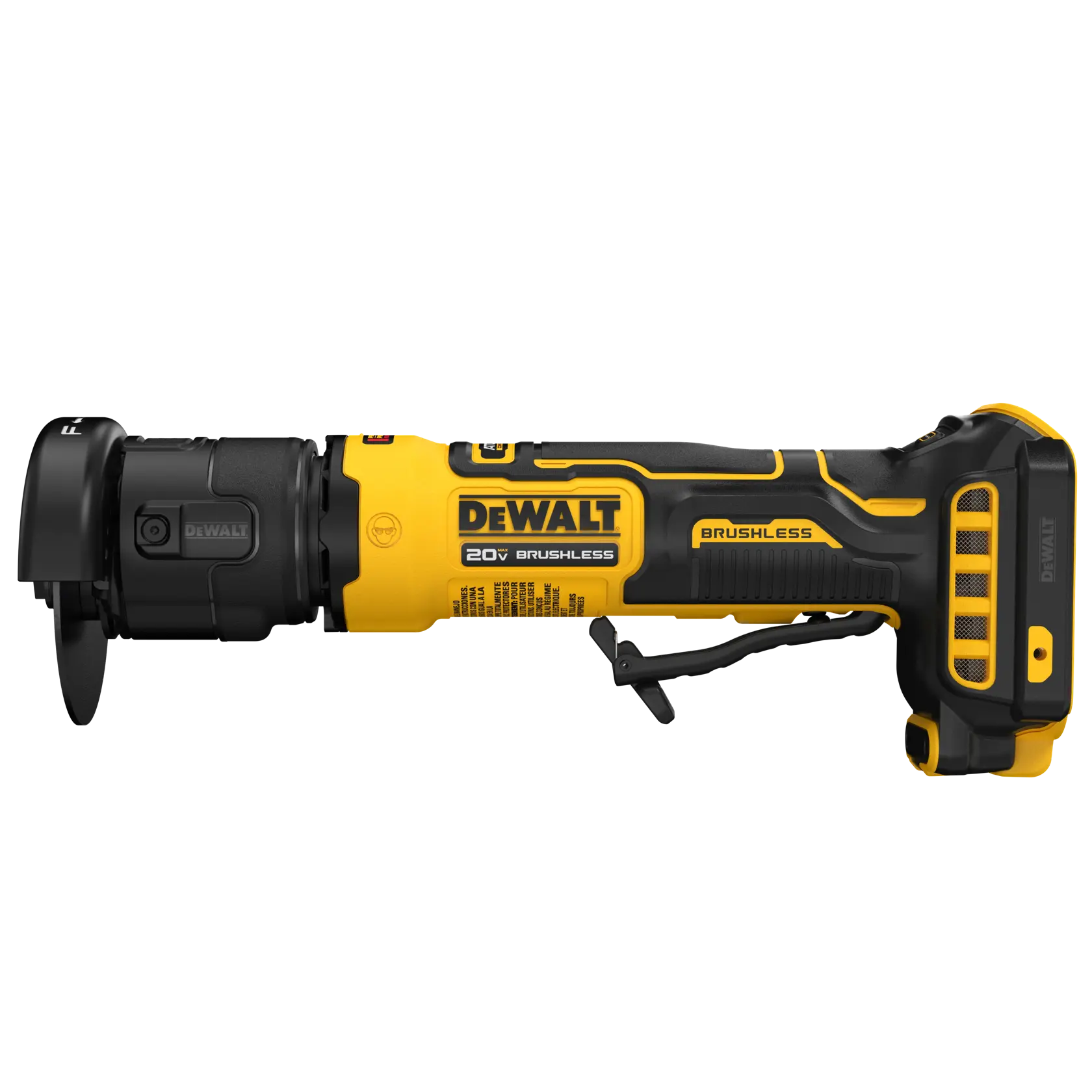 A DEWALT 20V brushless cordless cut-off tool with a black and yellow design, shown in a side view.