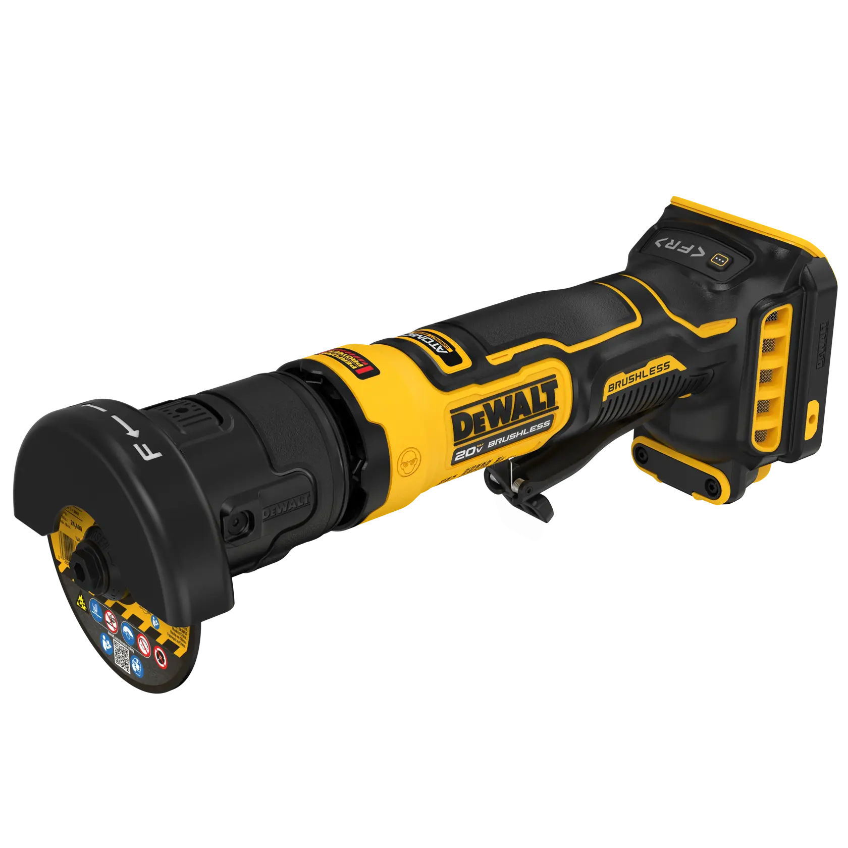 A DEWALT 20V brushless cordless angle grinder with protective guard, featuring yellow and black design, shown without battery attached.