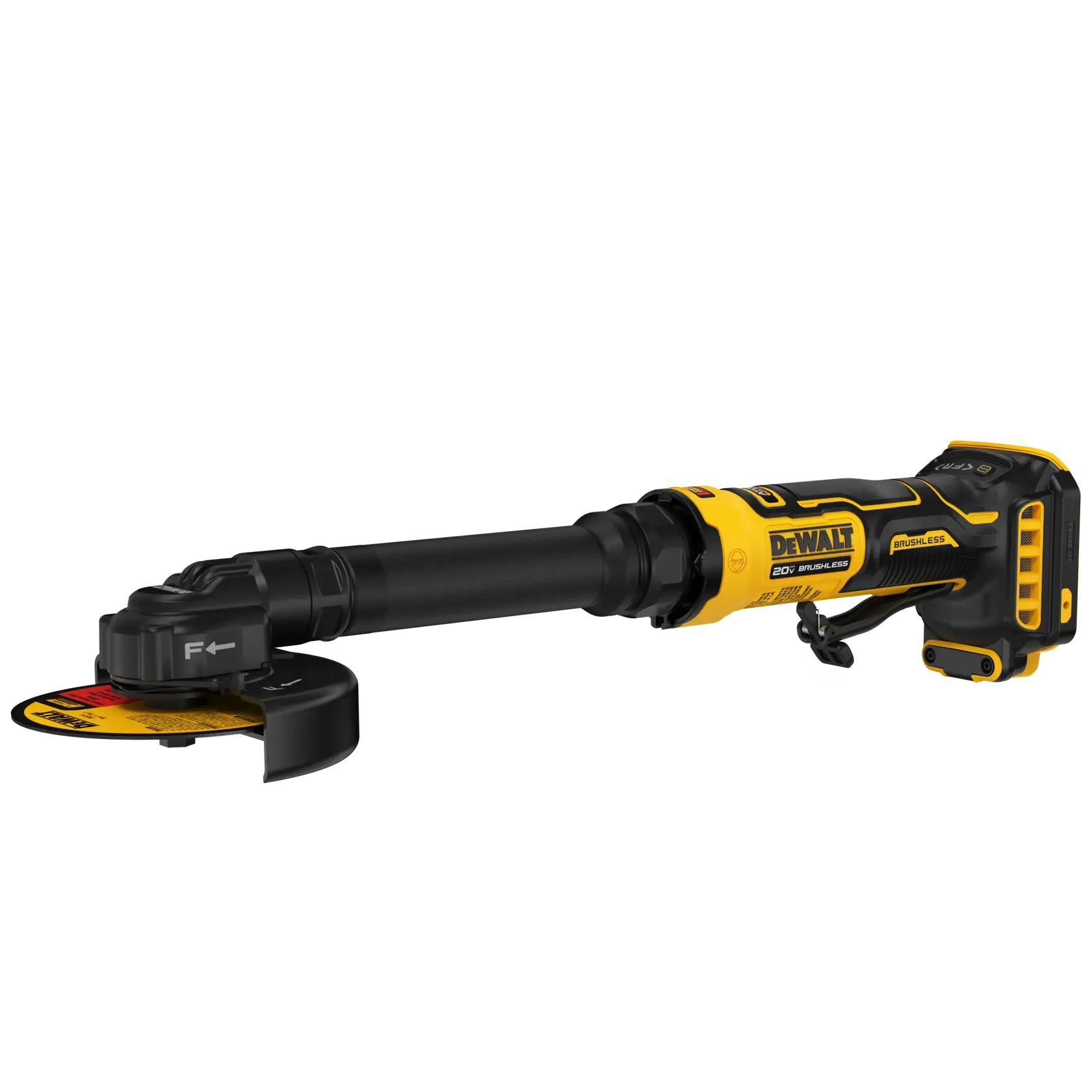 A DEWALT cordless angle grinder with a long handle, black and yellow in color, featuring a brushless motor and 20V battery.