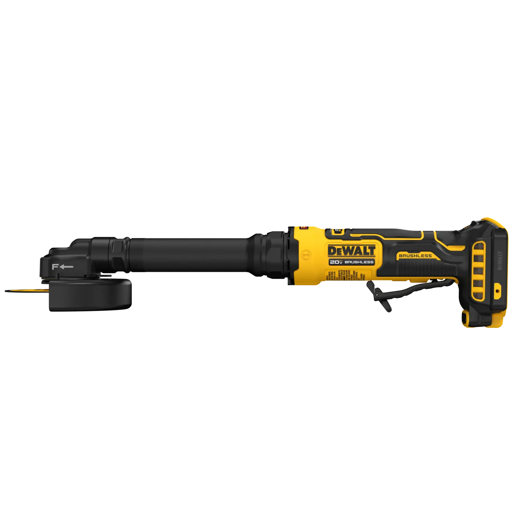 A DEWALT 20V brushless long-reach angle grinder with a yellow and black design, shown in profile view. The tool has a protective guard over the grinding wheel and an elongated handle for extended reach.