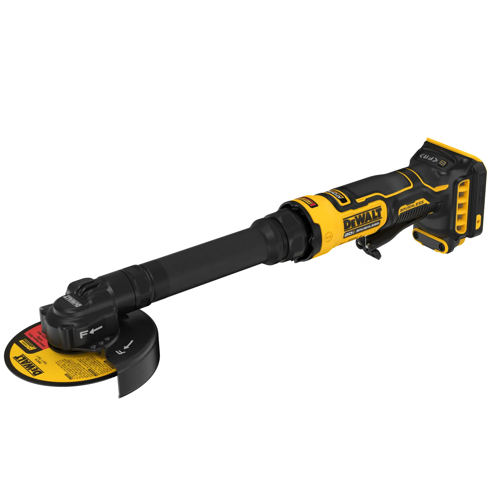 A DEWALT cordless angle grinder with a long handle and yellow and black design, featuring a grinding disc attached.