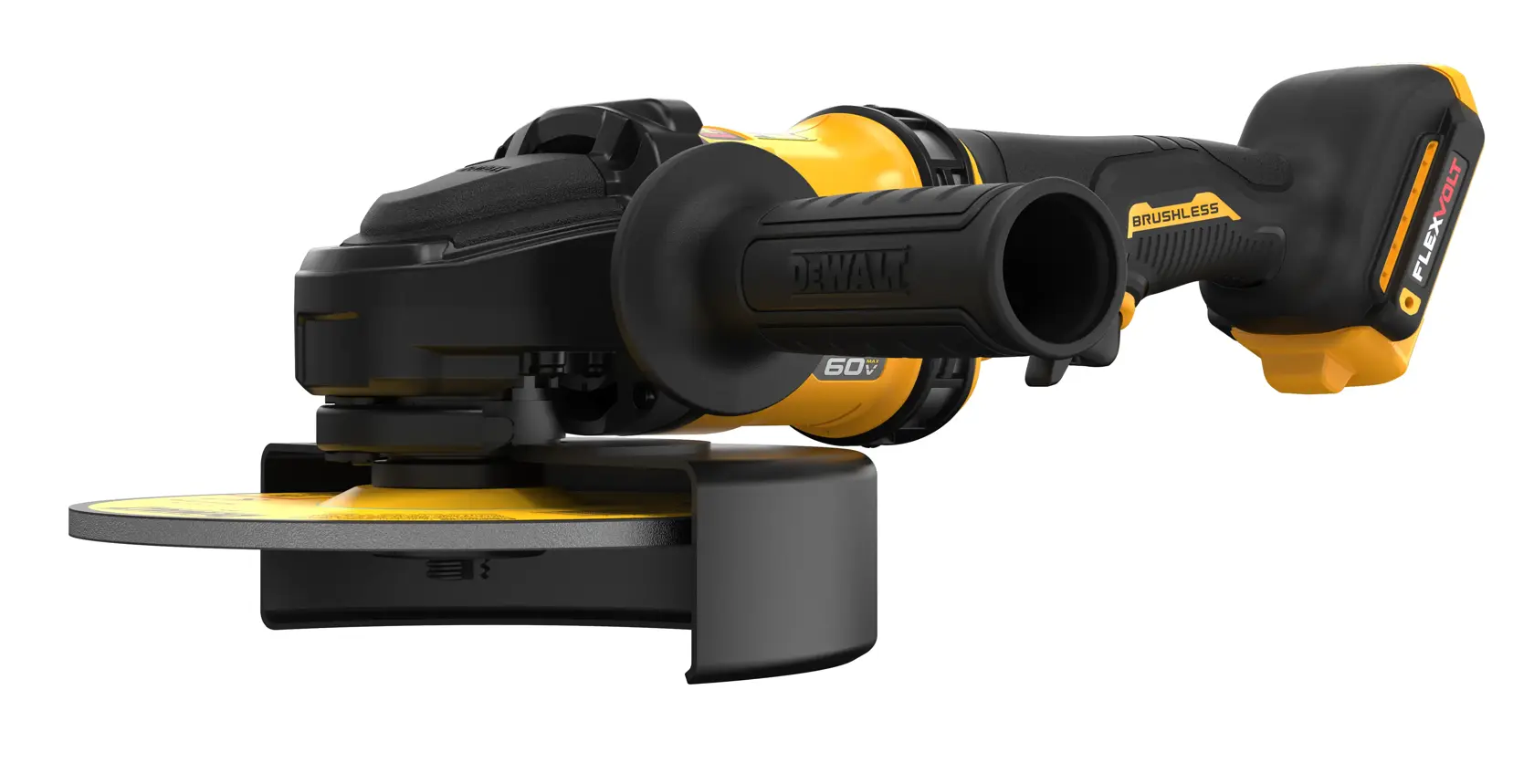 A cordless DEWALT angle grinder with a yellow and black design, featuring a side handle and brushless motor technology.