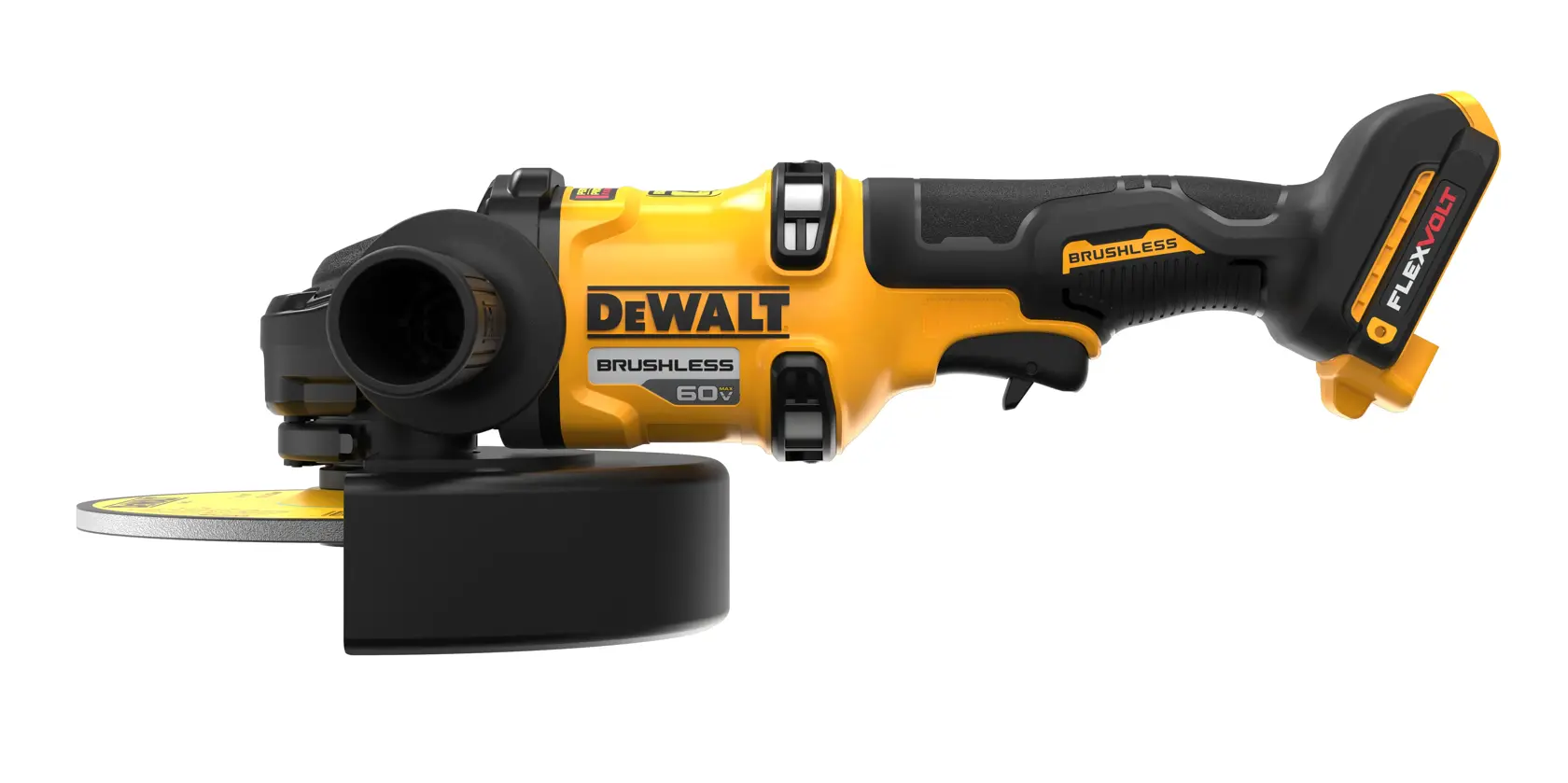 Side view of a yellow and black DEWALT cordless angle grinder with a brushless motor and FLEXVOLT battery.