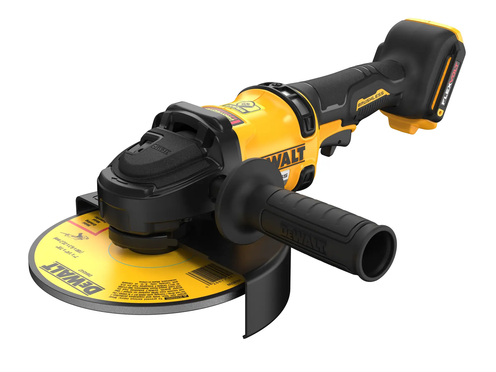 A DEWALT cordless angle grinder with a yellow and black design, featuring a brushless motor, side handle, and protective guard.