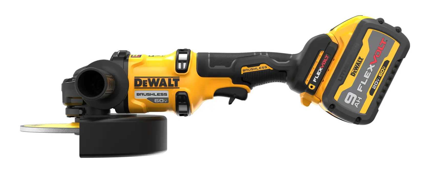 A DEWALT cordless angle grinder with a yellow and black design, featuring a brushless motor and 60V FLEXVOLT lithium-ion battery pack.