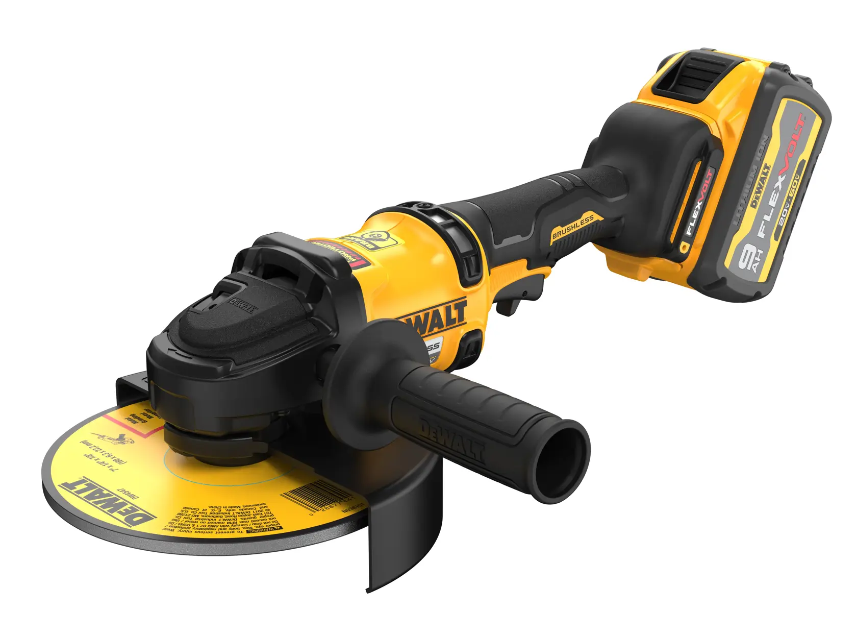 A DEWALT cordless angle grinder with a yellow and black design, equipped with a large grinding disc and a detachable handle, featuring a FLEXVOLT battery.