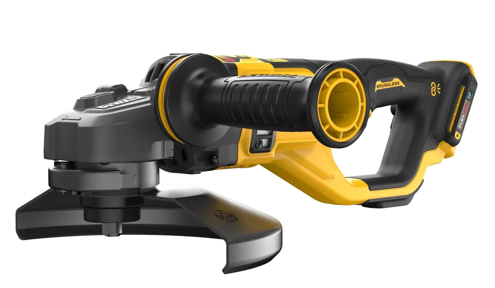 A DEWALT cordless angle grinder with a black and yellow design, featuring a side handle and a protective guard around the disc area.
