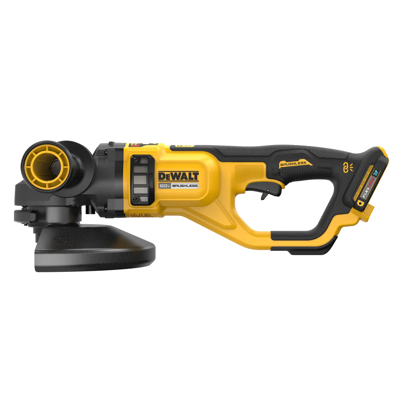Side view of a DEWALT 60V brushless cordless angle grinder with yellow and black design, showing the handle, trigger, battery slot, and grinding wheel guard.