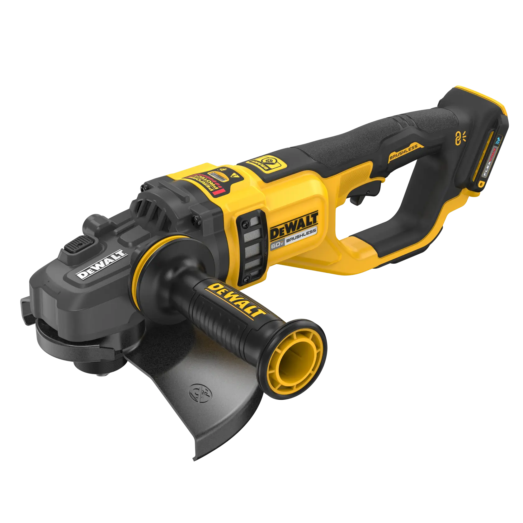 A DEWALT cordless angle grinder with a yellow and black design, featuring brushless technology and a side handle.