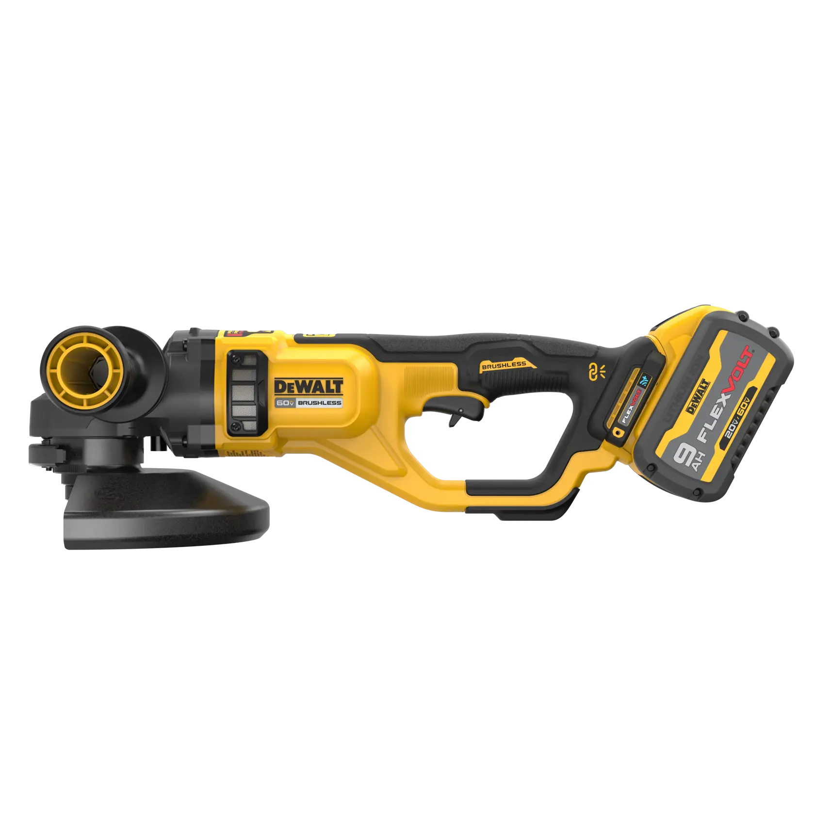 A DEWALT cordless angle grinder with a yellow and black design, featuring a FLEXVOLT 60V MAX 9Ah rechargeable battery pack attached to the handle.