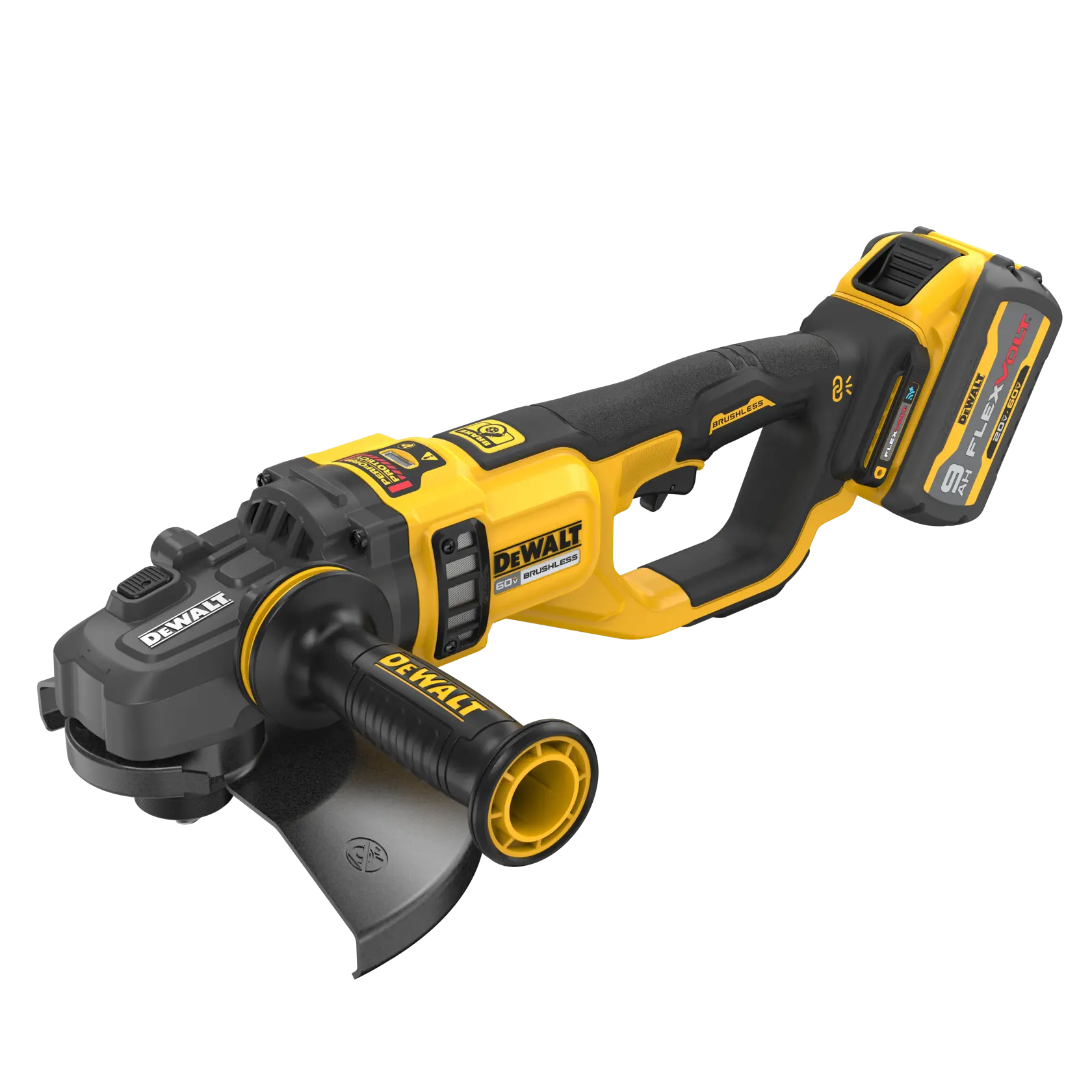 A DEWALT 60V FLEXVOLT cordless angle grinder with a yellow and black body, side handle, and rechargeable battery attached at the rear.