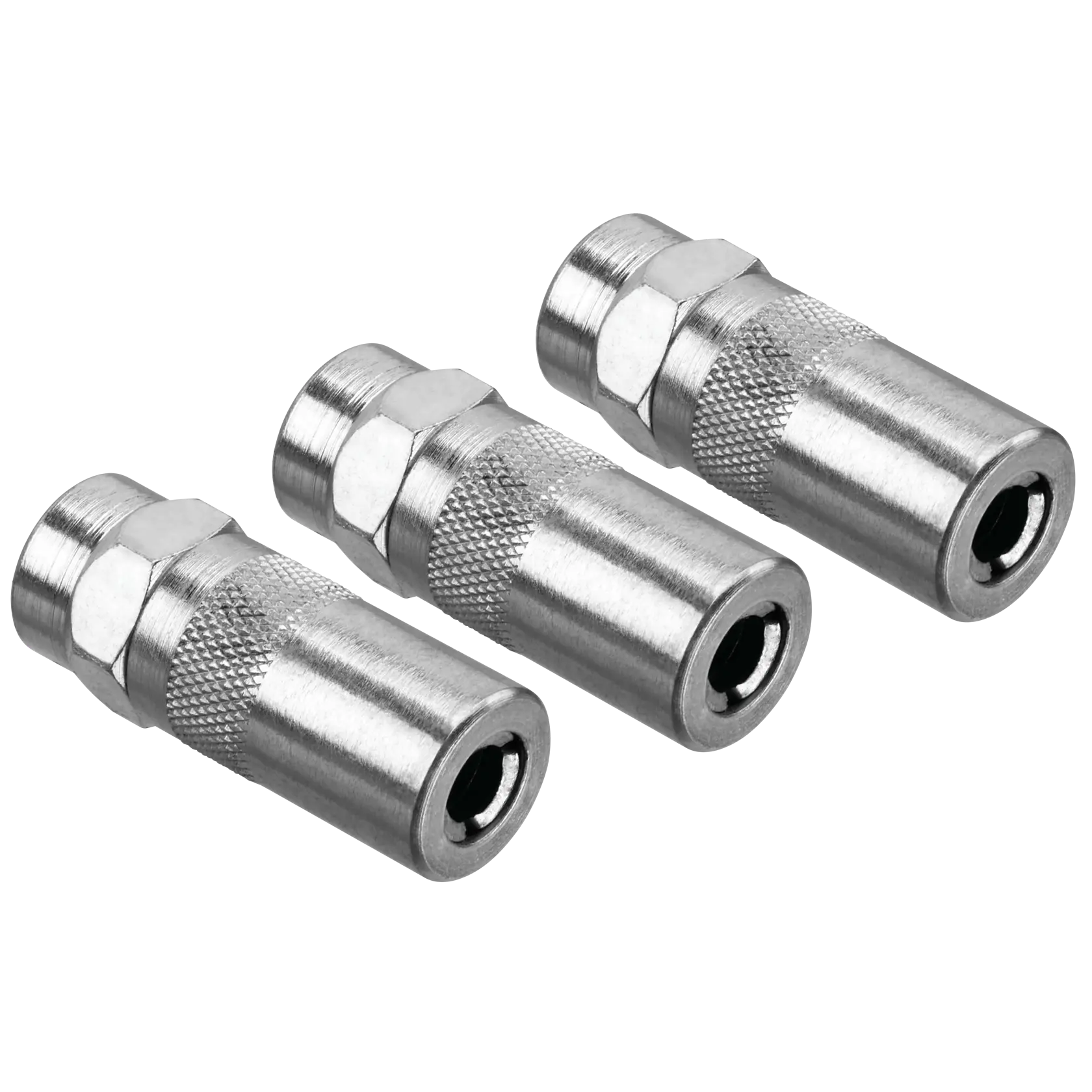 Three metal grease gun couplers with knurled grips are shown side by side.