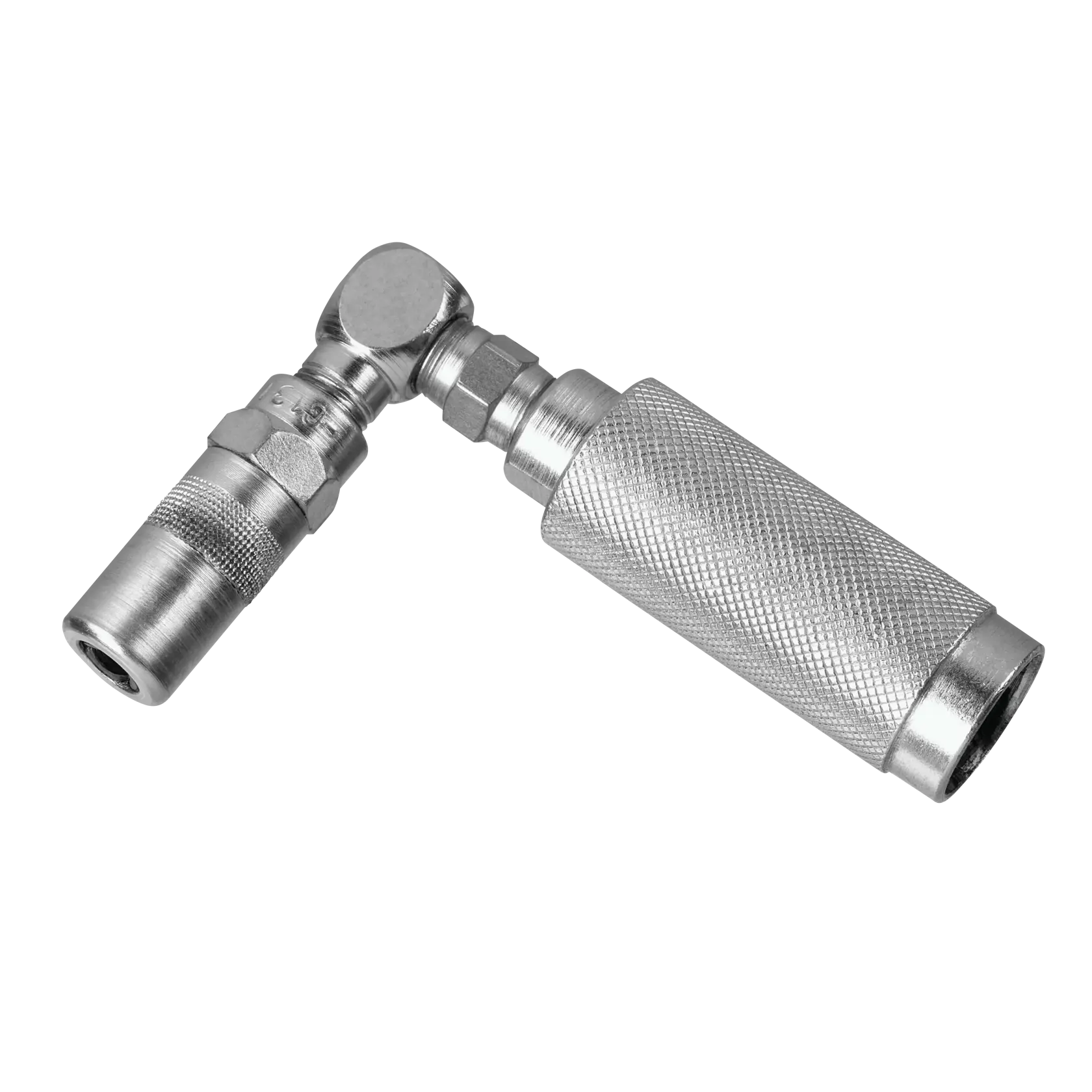 A close-up image of a silver, metal grease gun coupler with an angled joint, knurled grip, and precision-machined parts on a white background.