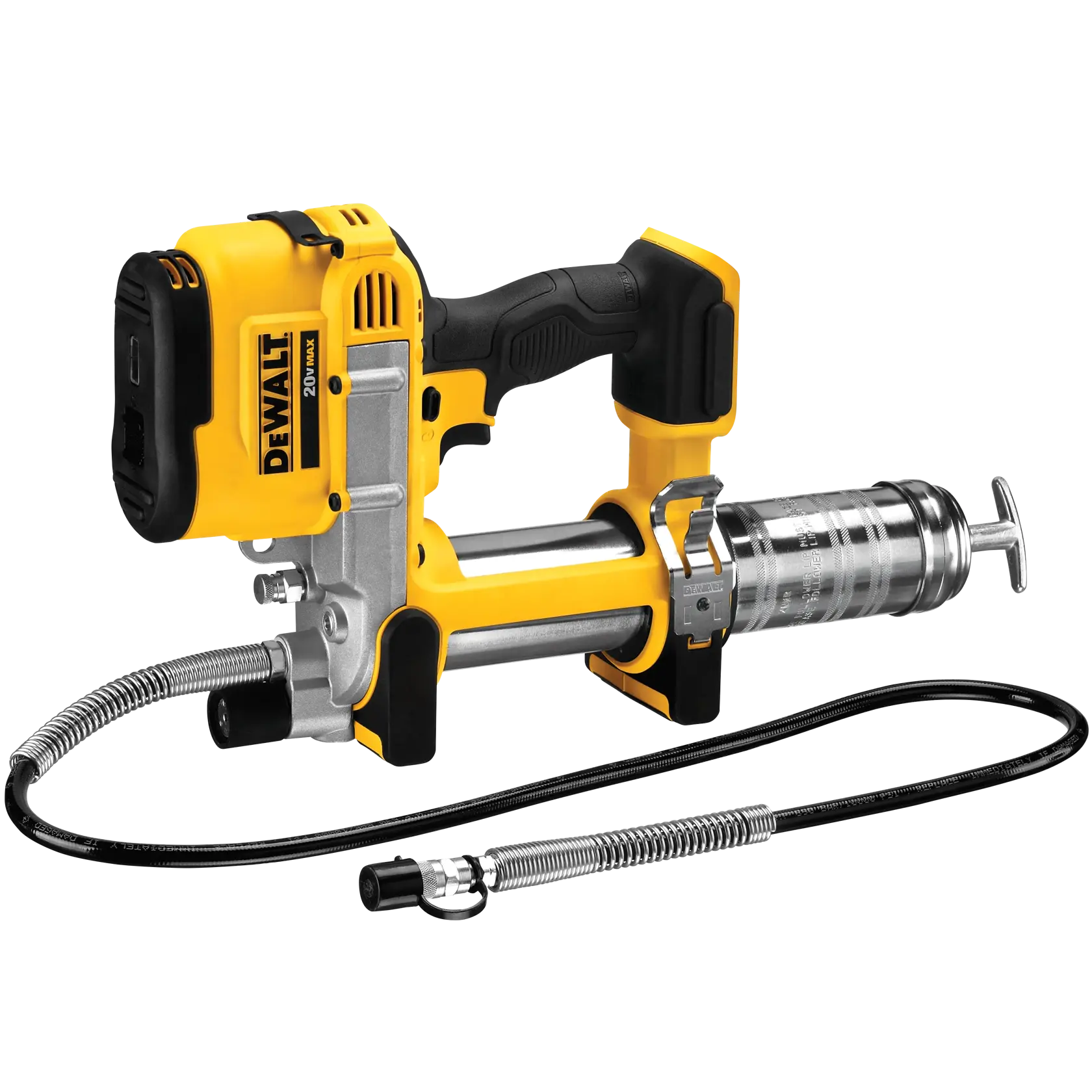 A DEWALT DCGG571 cordless grease gun with a yellow and black design, featuring a flexible hose and ergonomic handle.