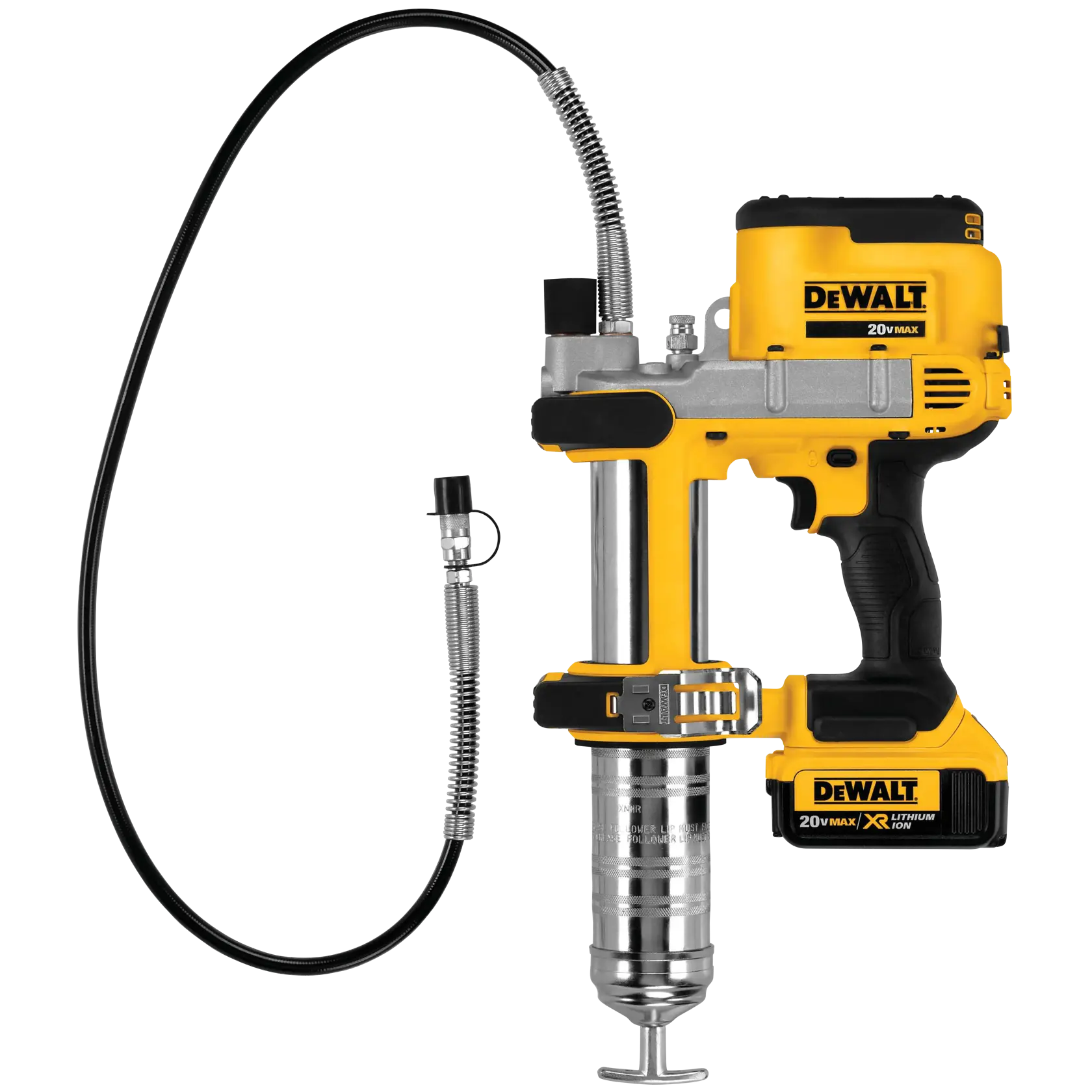 A DEWALT 20V MAX cordless grease gun with a flexible hose attachment, featuring a yellow and black design and ergonomic handle.
