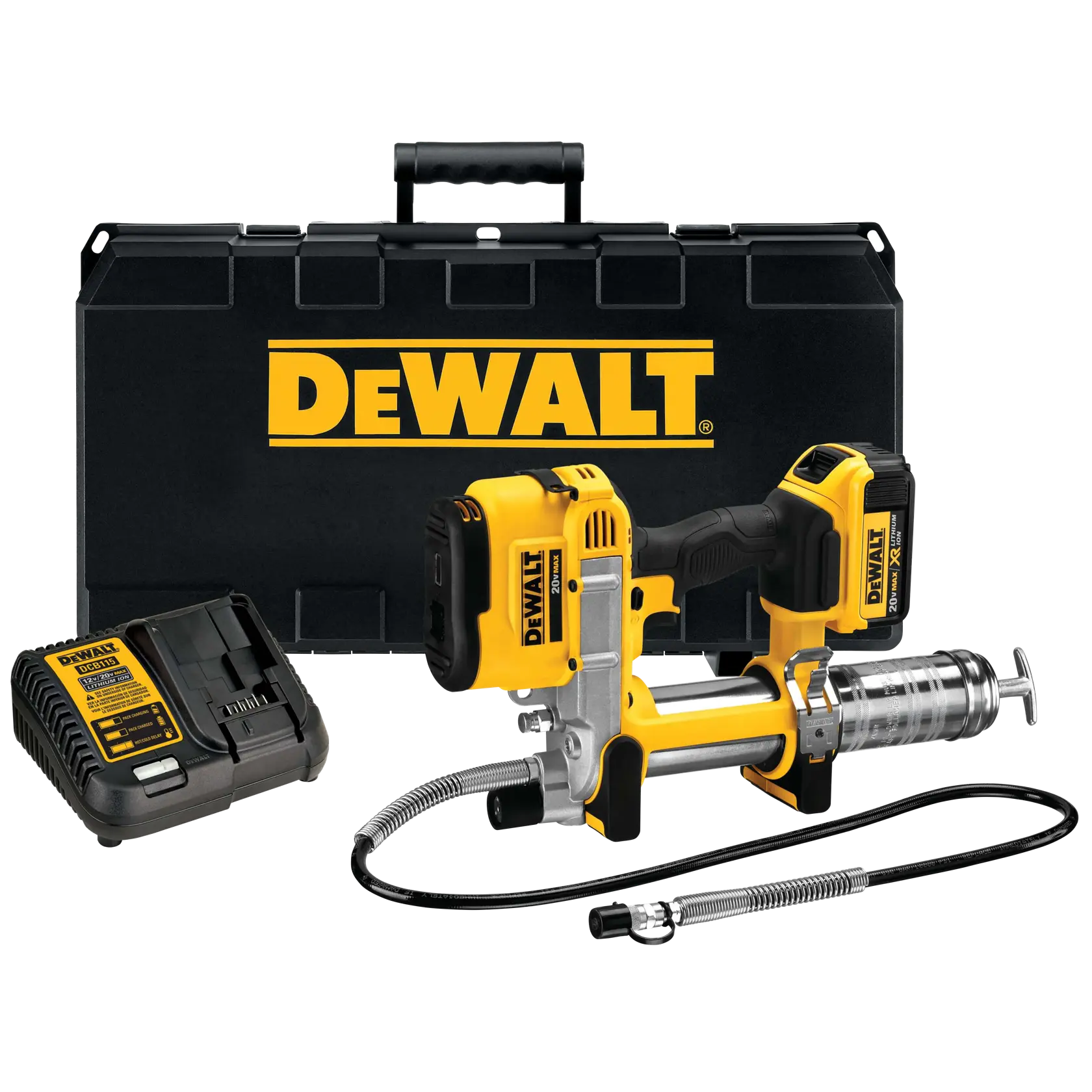 A DEWALT cordless grease gun kit, including a yellow and black grease gun, battery charger, flexible hose, and a black carrying case with the DEWALT logo.