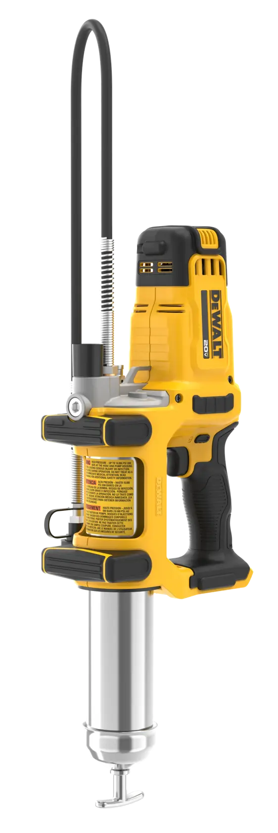 A DEWALT cordless grease gun, model DCGG581B, with a yellow and black body and a flexible hose attachment, designed for lubricating machinery.