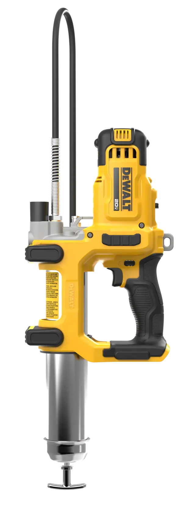 A DEWALT cordless grease gun with yellow and black casing, featuring a handle and a long hose attached to the device. The model is DCGG581B and it is designed for professional lubrication tasks.