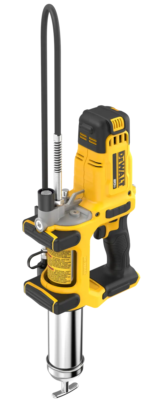 A DEWALT cordless grease gun with a yellow and black body, featuring a metal tube and flexible hose attachment, designed for lubrication tasks.