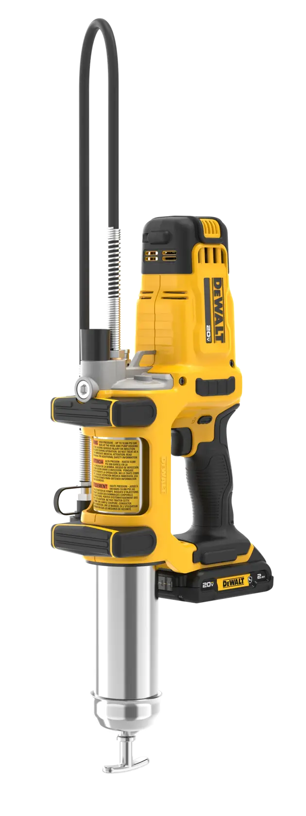 A DEWALT cordless grease gun with a yellow and black design, featuring a long flexible hose and a metal grease cartridge at the bottom. The tool is used for lubricating machinery and mechanical parts.