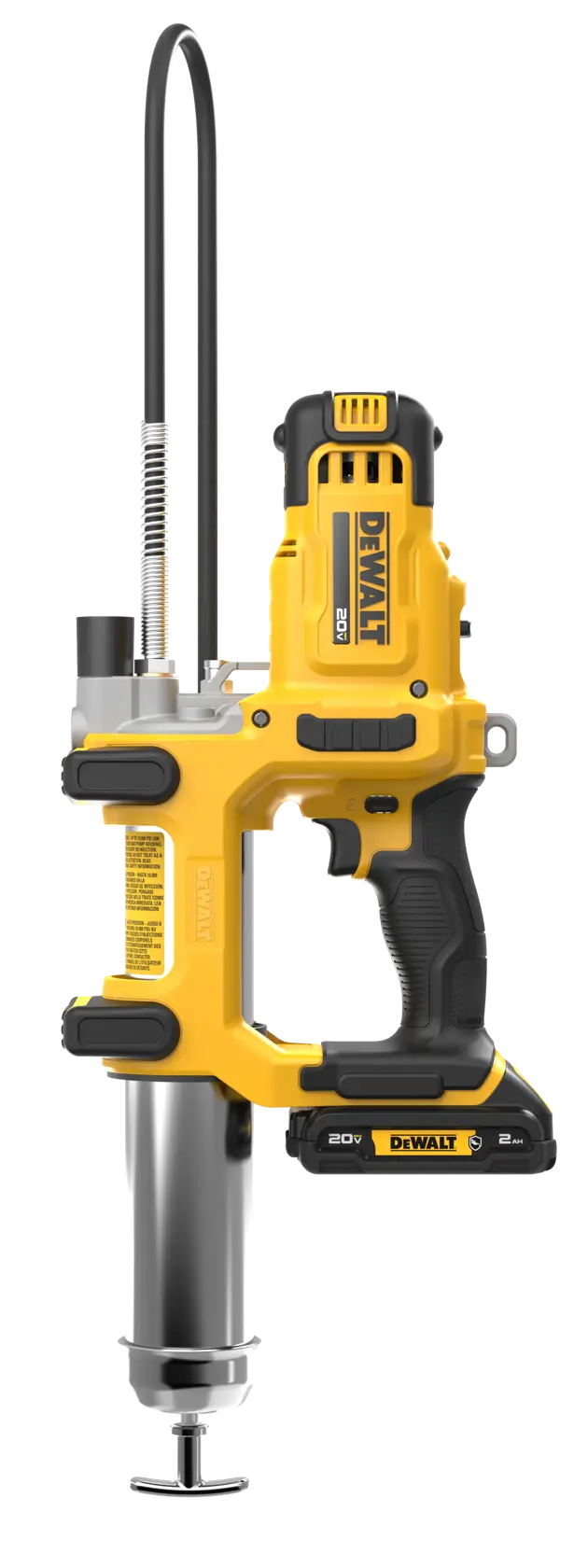 A DEWALT cordless grease gun, model DCGG581GD1, featuring a yellow and black design with a battery attached at the bottom and a flexible hose extending from the top.