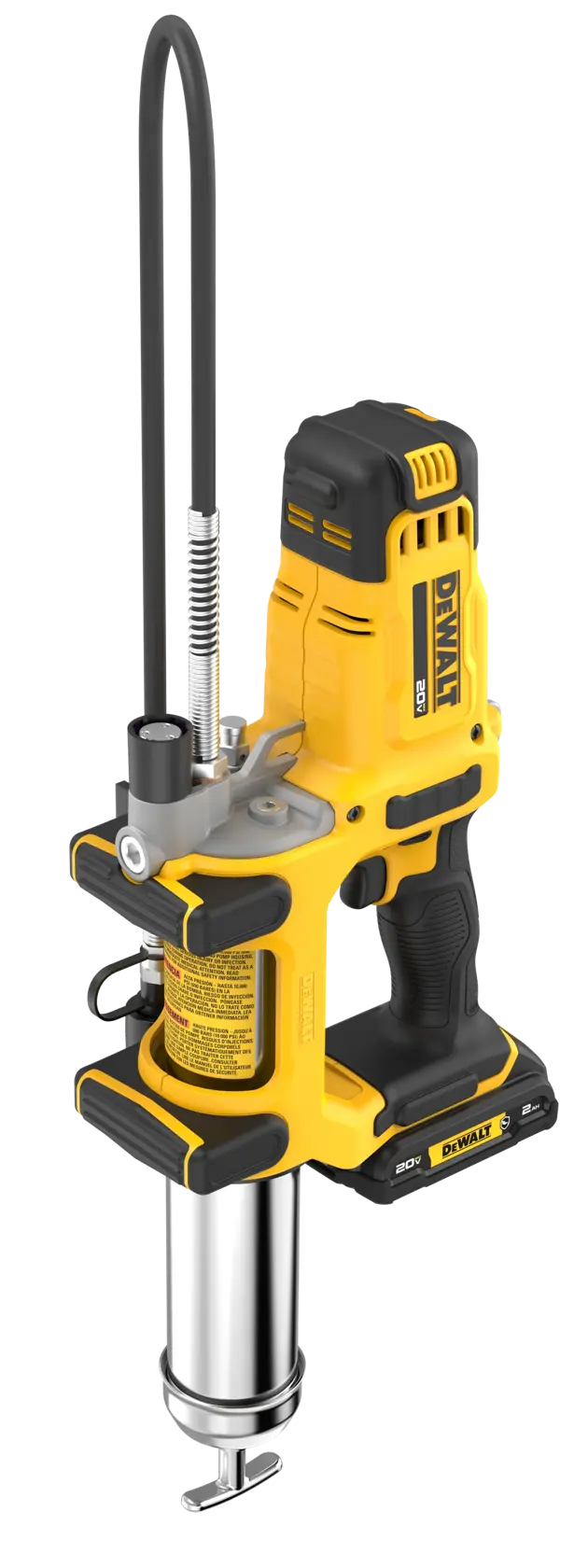 A DEWALT cordless grease gun with yellow and black design, equipped with a flexible hose and a rechargeable battery, shown standing upright against a white background.