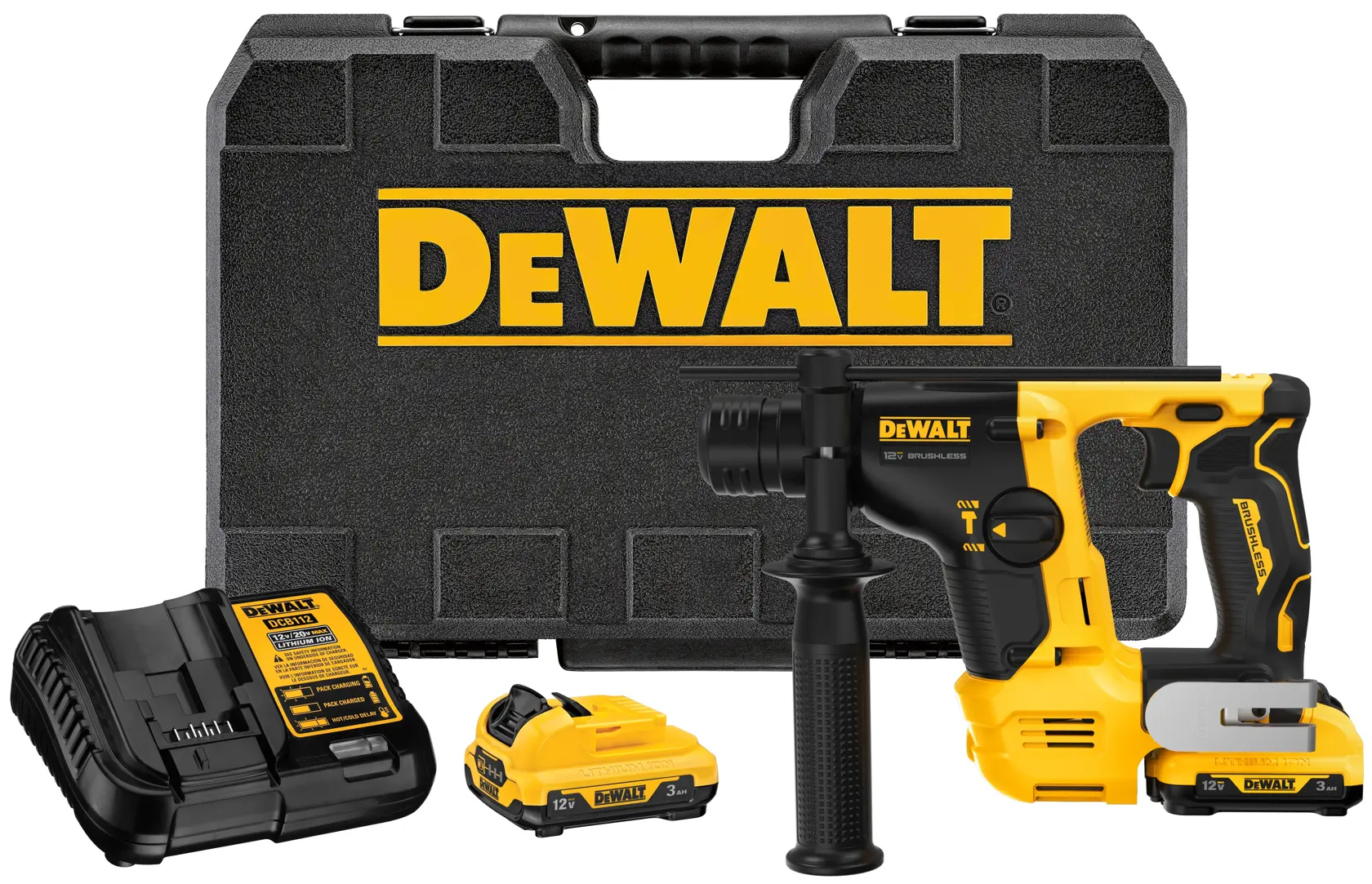 DEWALT cordless rotary hammer drill kit, featuring a black and yellow rotary hammer drill, battery charger, battery pack, and a hard carrying case with DEWALT branding.