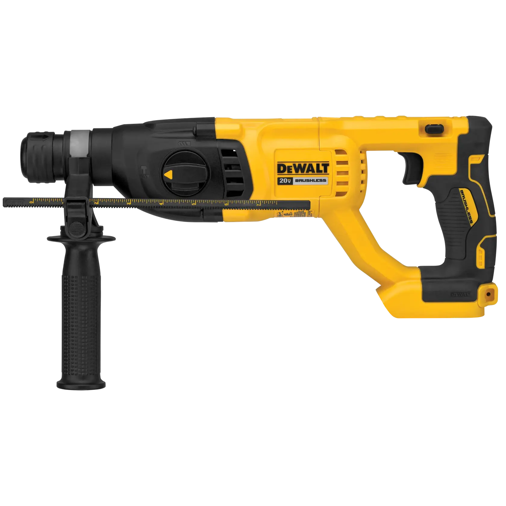 A DEWALT 20V brushless cordless rotary hammer drill with a yellow and black body and auxiliary handle, shown in side profile.