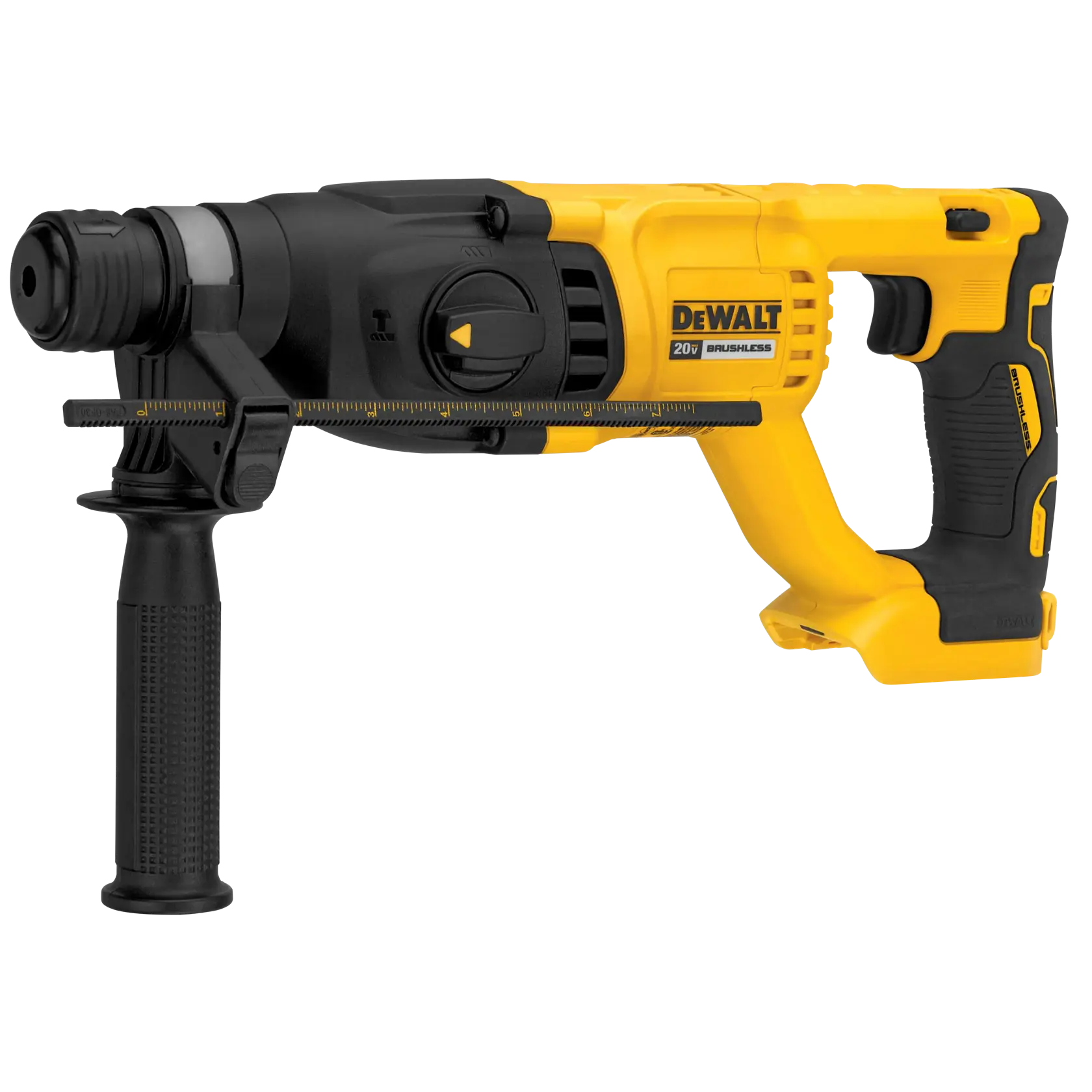 A DEWALT 20V cordless brushless rotary hammer drill, featuring a yellow and black design with an ergonomic handle and side grip.