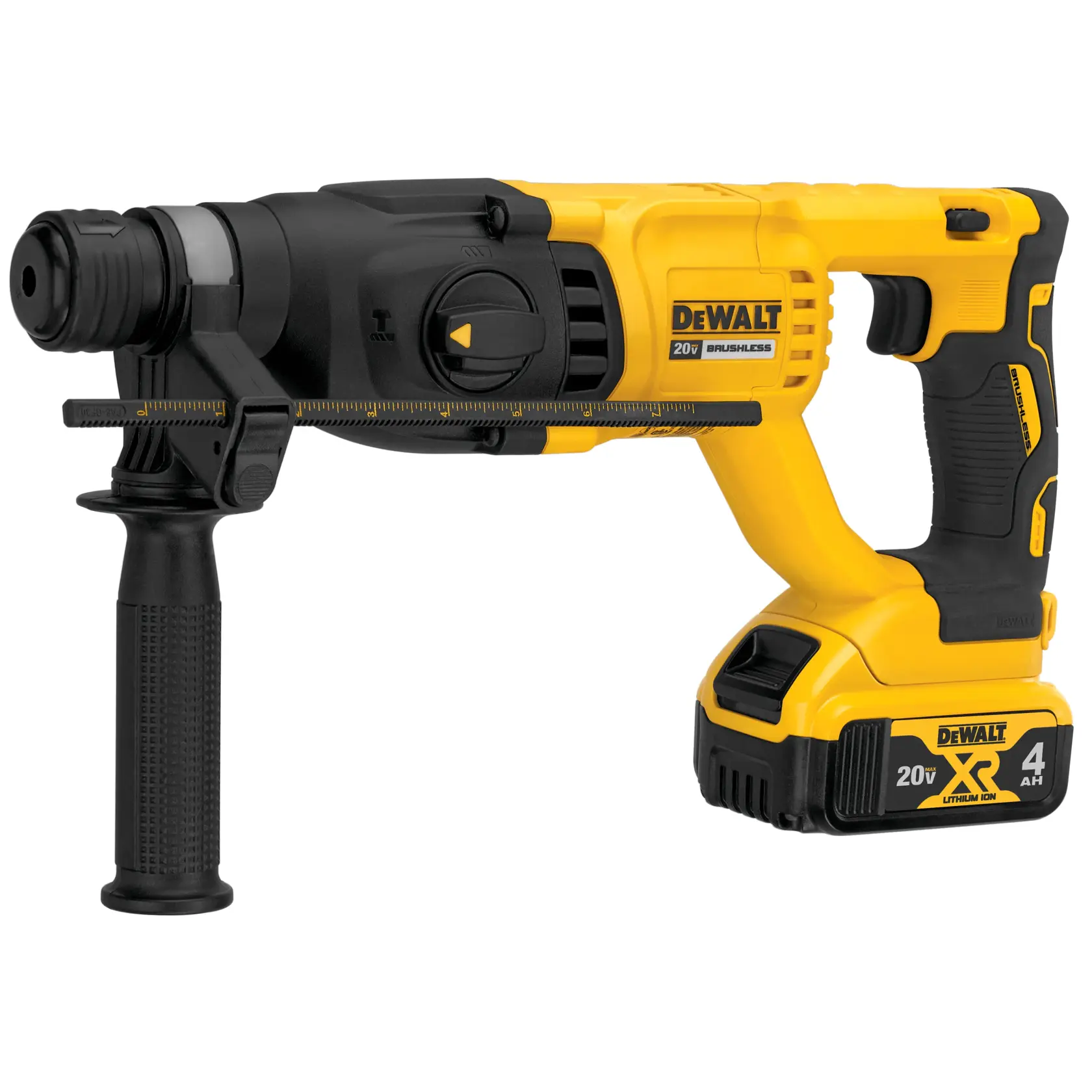 A DEWALT 20V brushless rotary hammer drill with a black and yellow design, featuring a detachable side handle and a 4Ah lithium-ion battery at the base.