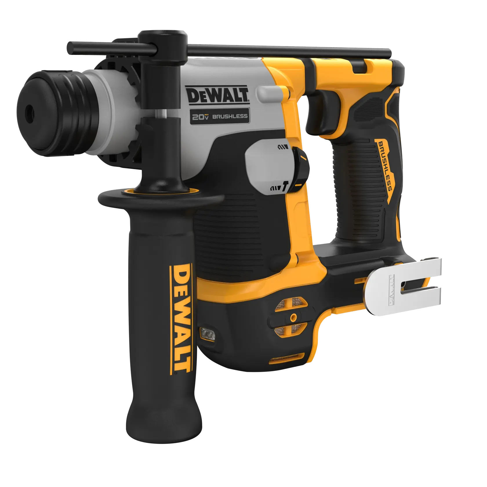 A DEWALT 20V brushless rotary hammer drill with a side handle and a metal belt hook, featuring the DEWALT logo on the handle and a robust yellow and black design.