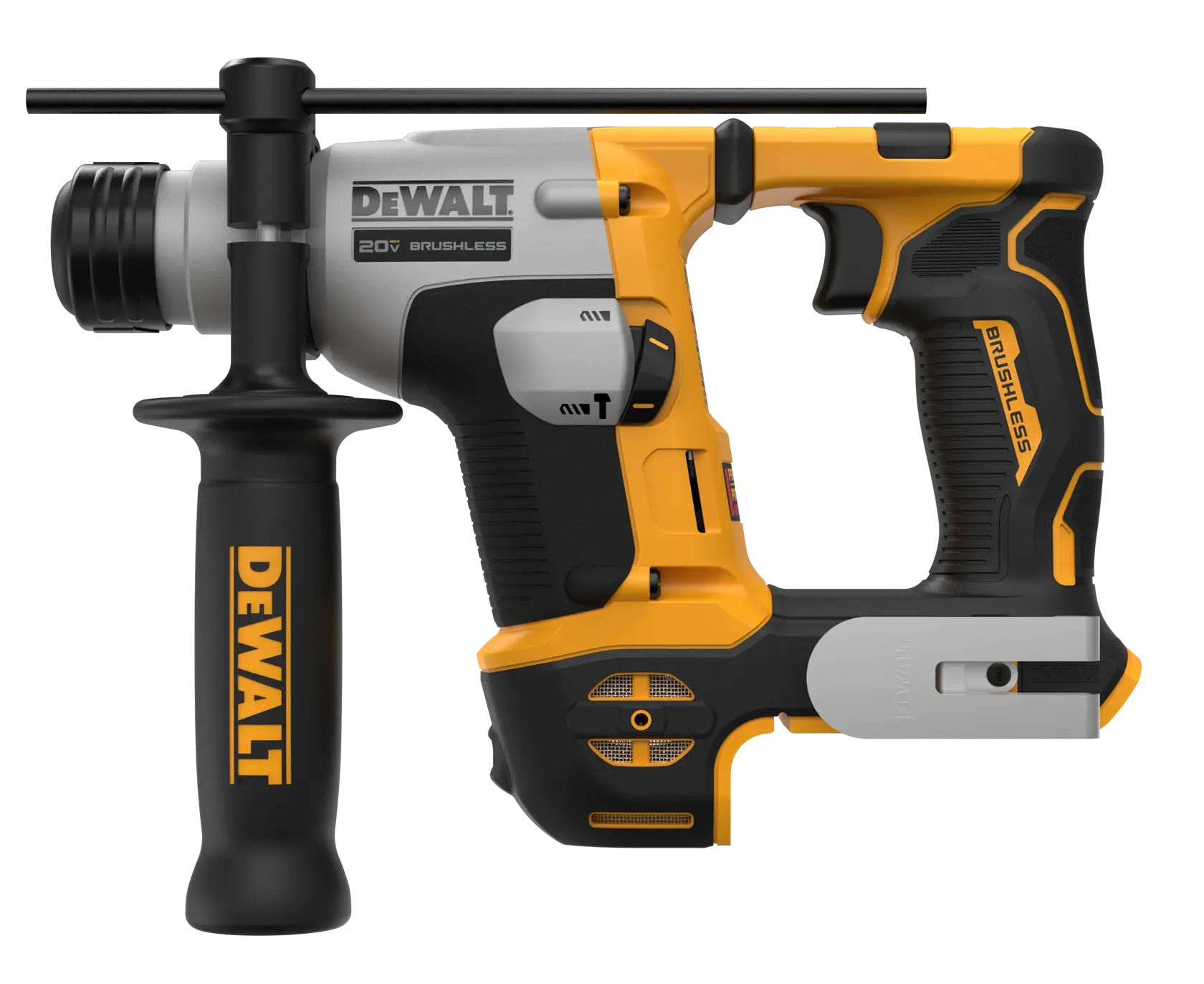 A DEWALT 20V brushless rotary hammer drill with a side handle, featuring a yellow and black design. The DEWALT logo is visible on the handle.