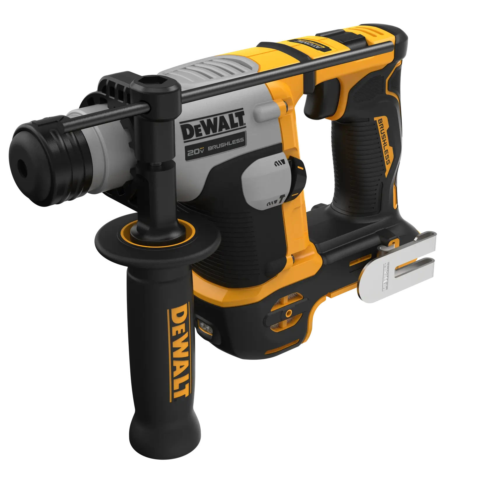 A DEWALT 20V brushless rotary hammer drill with a black and yellow design, featuring a side handle and belt clip.