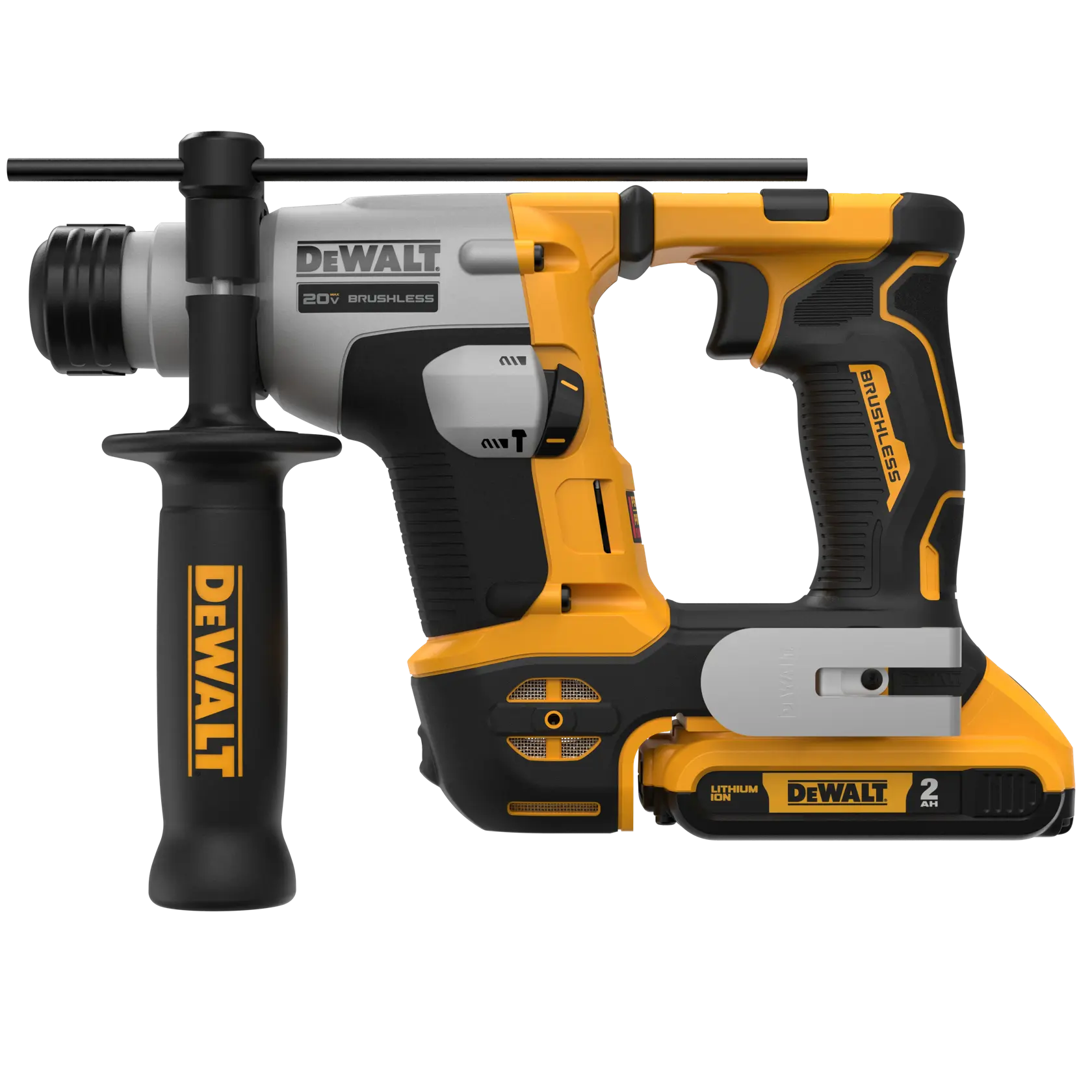 DEWALT 20V brushless cordless rotary hammer drill with side handle, black and yellow, featuring a 2Ah lithium-ion battery.