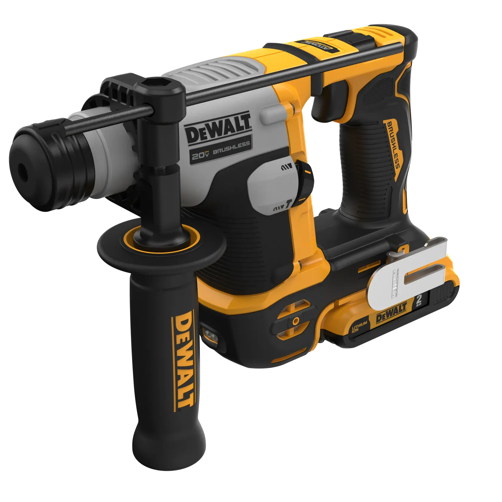 A DEWALT 20V cordless brushless rotary hammer drill with a side handle, designed for heavy-duty drilling. The tool is mainly black and yellow with silver accents and features the DEWALT logo prominently.