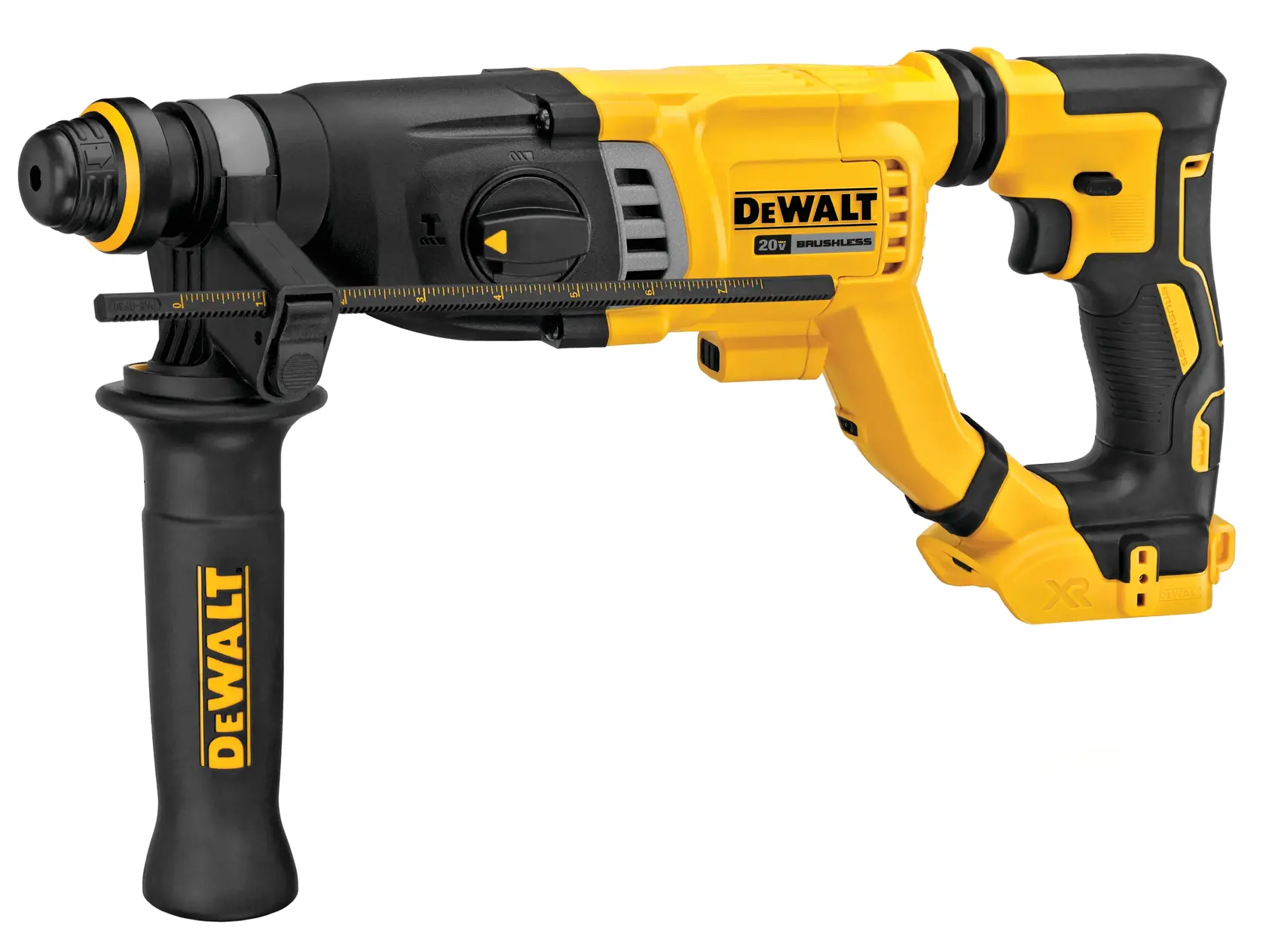A yellow and black DEWALT cordless rotary hammer drill with a side handle and ergonomic grip, designed for heavy-duty construction use. The tool features a 20V brushless motor.