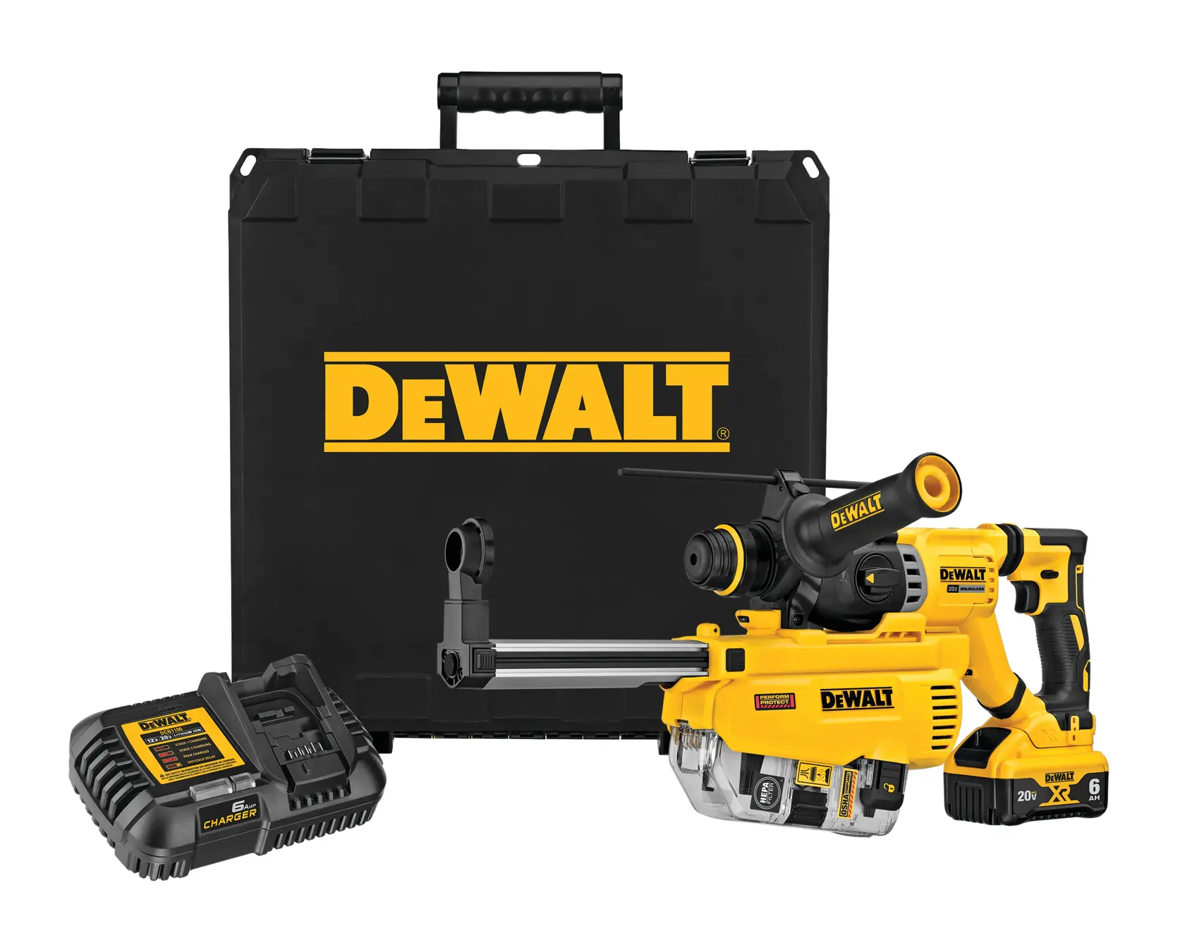 A DEWALT cordless rotary hammer drill kit, including a yellow and black rotary hammer drill with battery, a charger, and a black carrying case with the DEWALT logo.