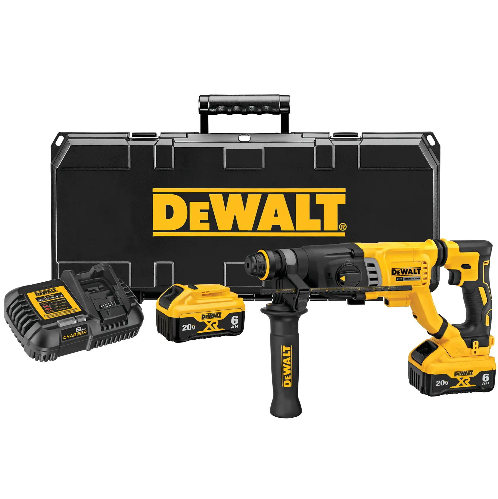 A DEWALT cordless rotary hammer drill set, including a yellow and black rotary hammer drill, two 20V XR lithium-ion batteries, a battery charger, and a black carrying case with the DEWALT logo.