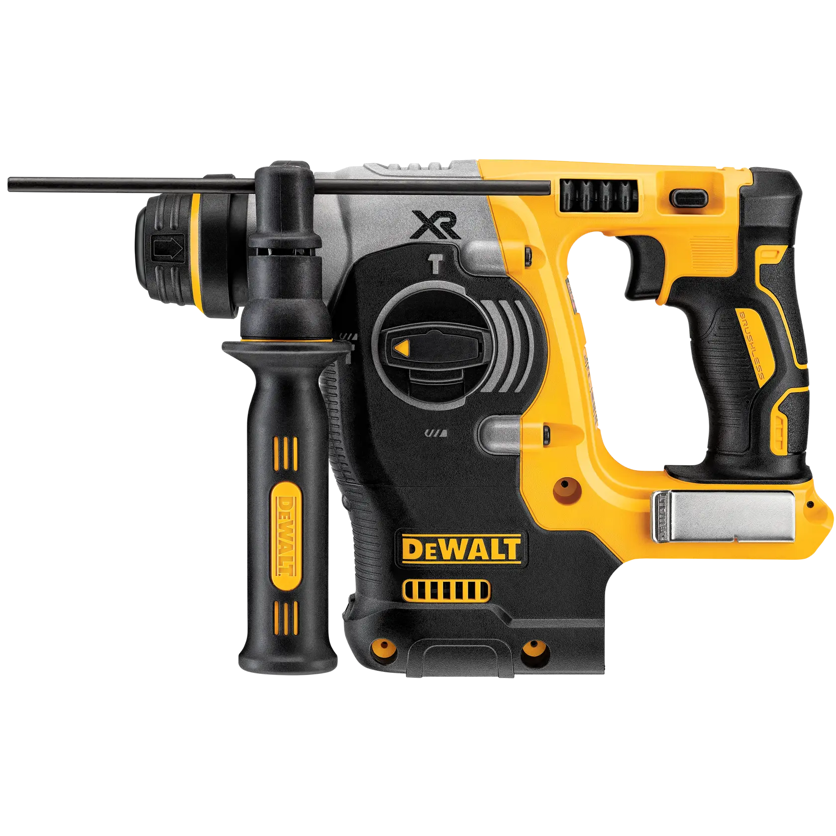A DEWALT DCH273B cordless rotary hammer drill with a black and yellow design, featuring a side handle and control dial, shown against a white background.