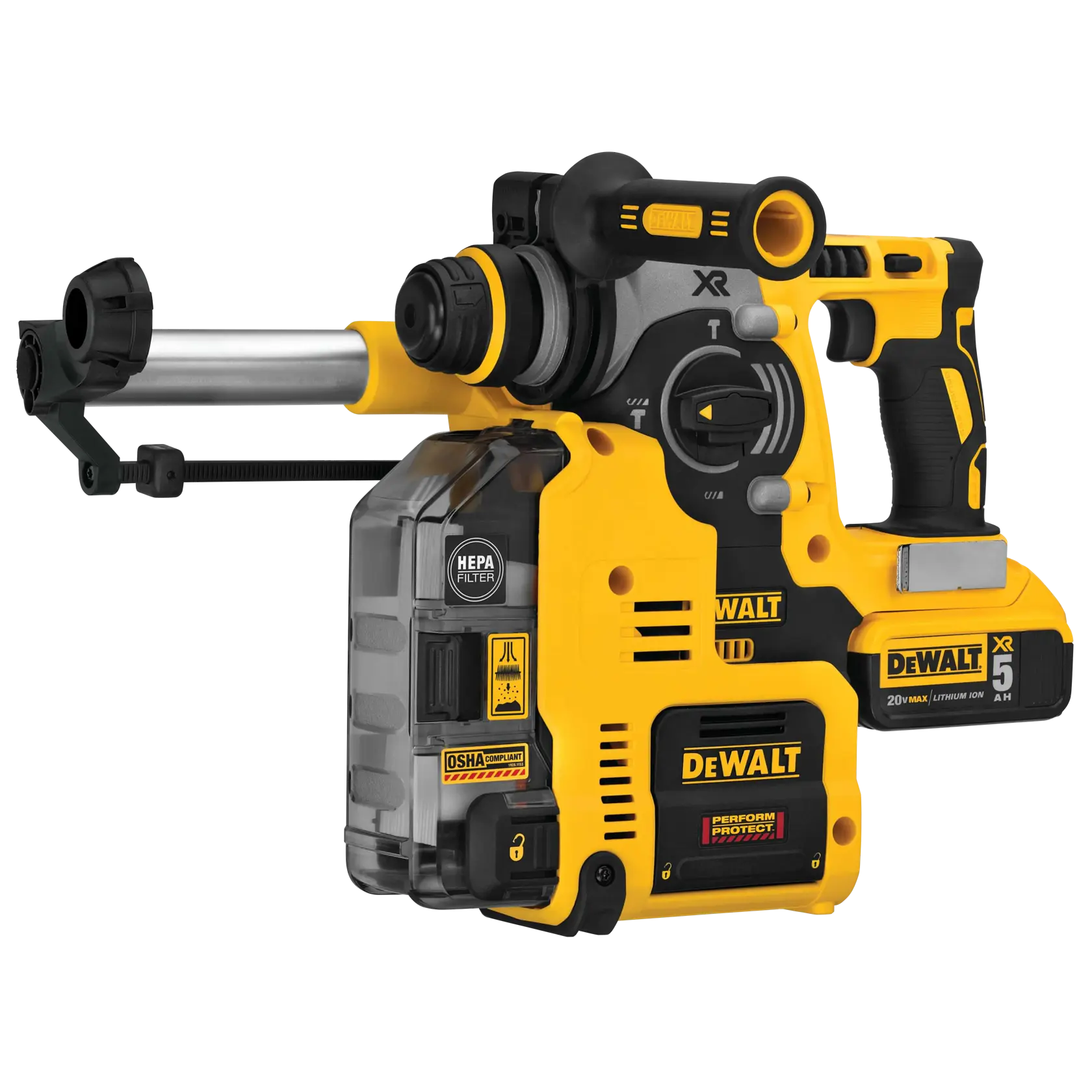 A DeWalt cordless rotary hammer drill with a yellow and black design, featuring a HEPA filter and dust extraction attachment. The tool is labeled with 'XR' and '20V MAX Lithium Ion' and includes a side handle for stability during operation.