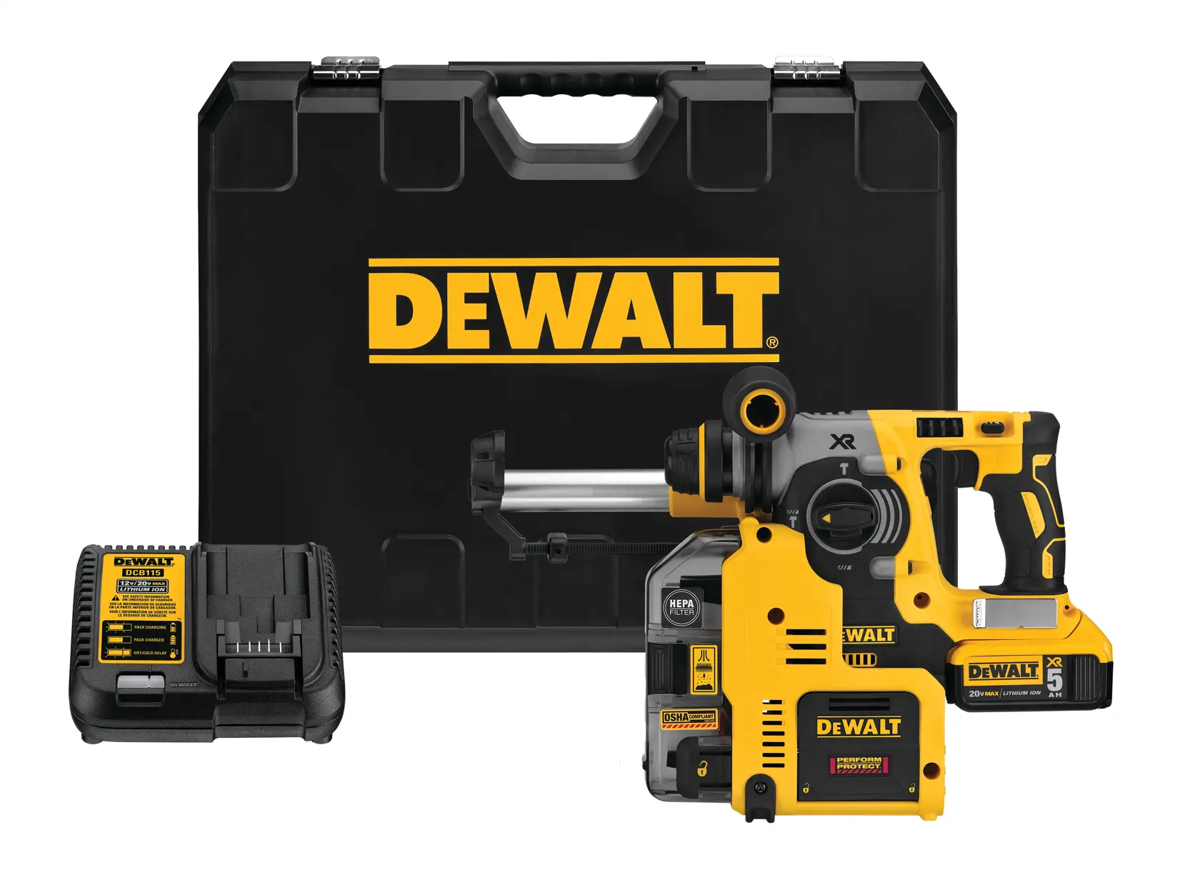 A DEWALT cordless rotary hammer drill kit with a black and yellow rotary hammer drill, charger, and a large hard carrying case with the DEWALT logo.