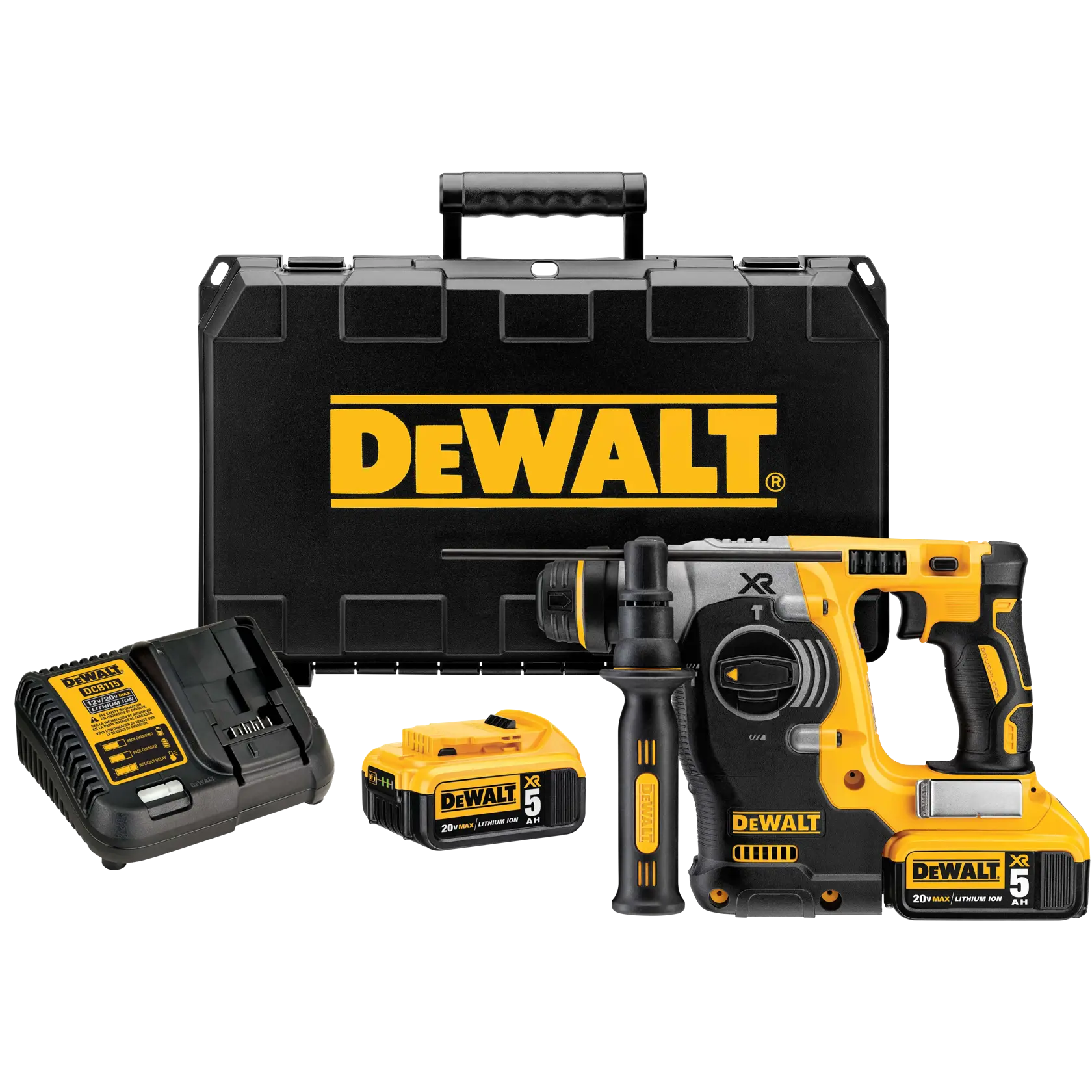 DEWALT cordless rotary hammer drill kit with yellow and black power tool, charger, two batteries, and a hard carrying case, all displayed together.
