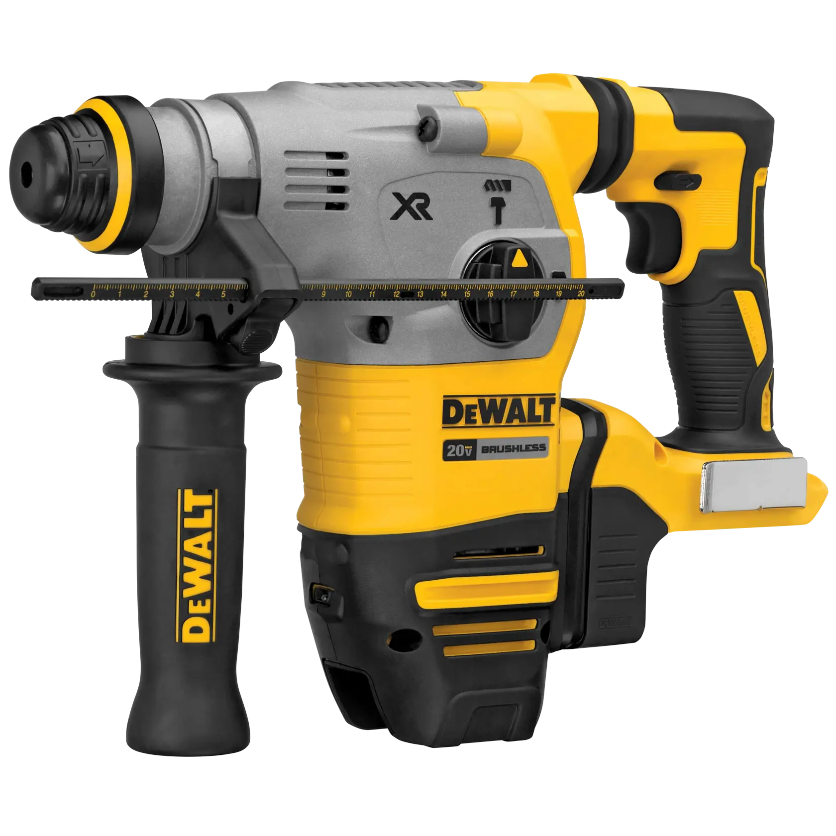 A DEWALT 20V brushless rotary hammer drill, featuring a yellow and black design with a side handle and depth rod.