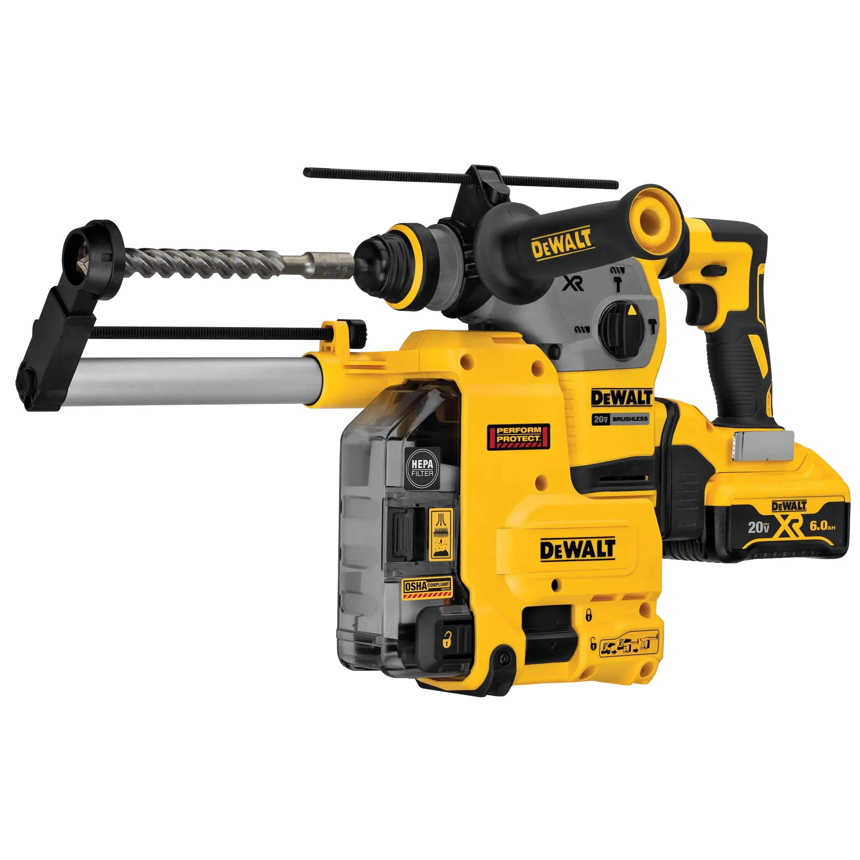 A DEWALT branded rotary hammer drill with yellow and black coloring, fitted with a dust extraction system and a HEPA filter. The tool is battery-operated, featuring a side handle and a visible drill bit for masonry or concrete work.