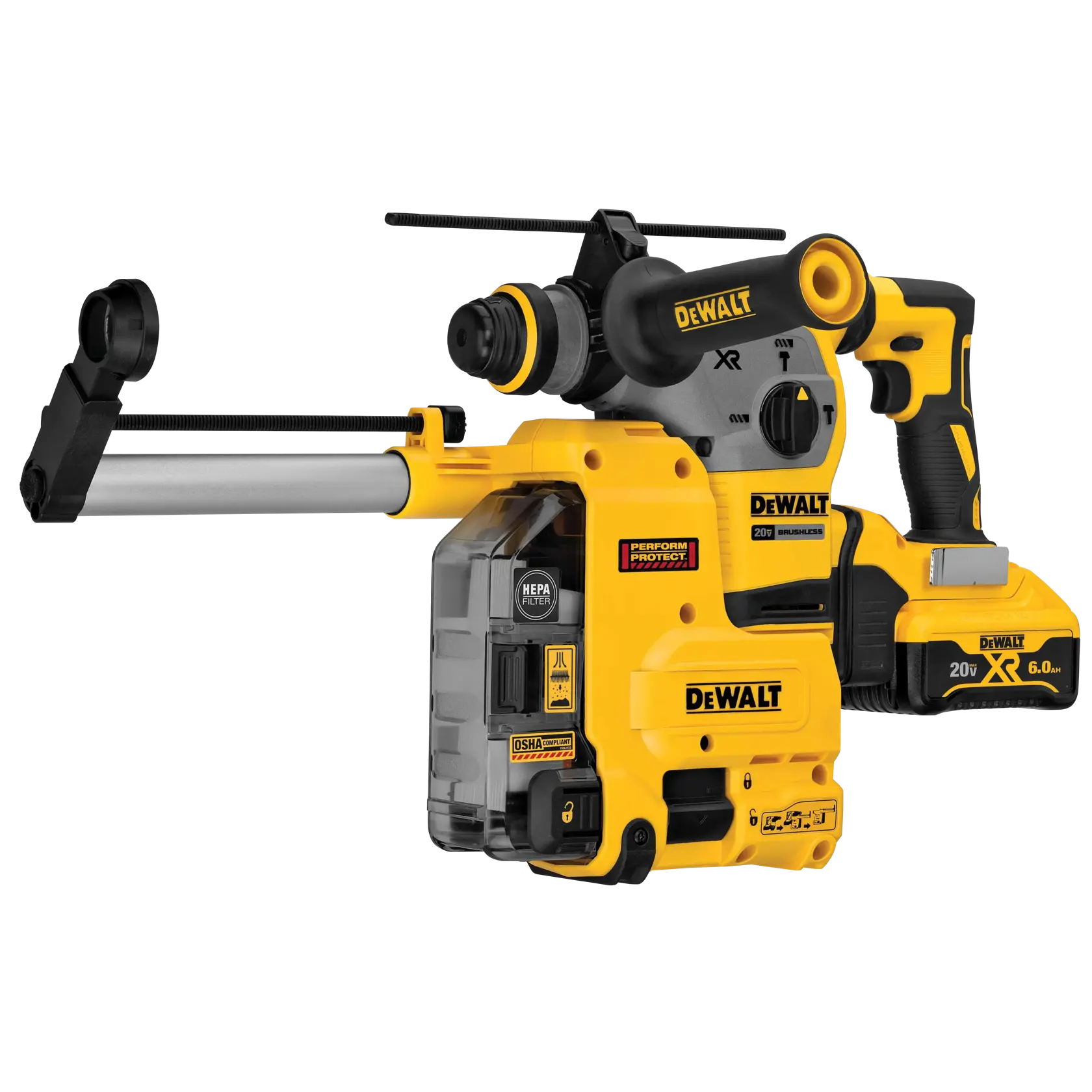 A DEWALT 20V XR cordless rotary hammer drill with an attached dust extraction system. The tool is yellow and black, featuring a HEPA filter and a 6.0 Ah lithium-ion battery.