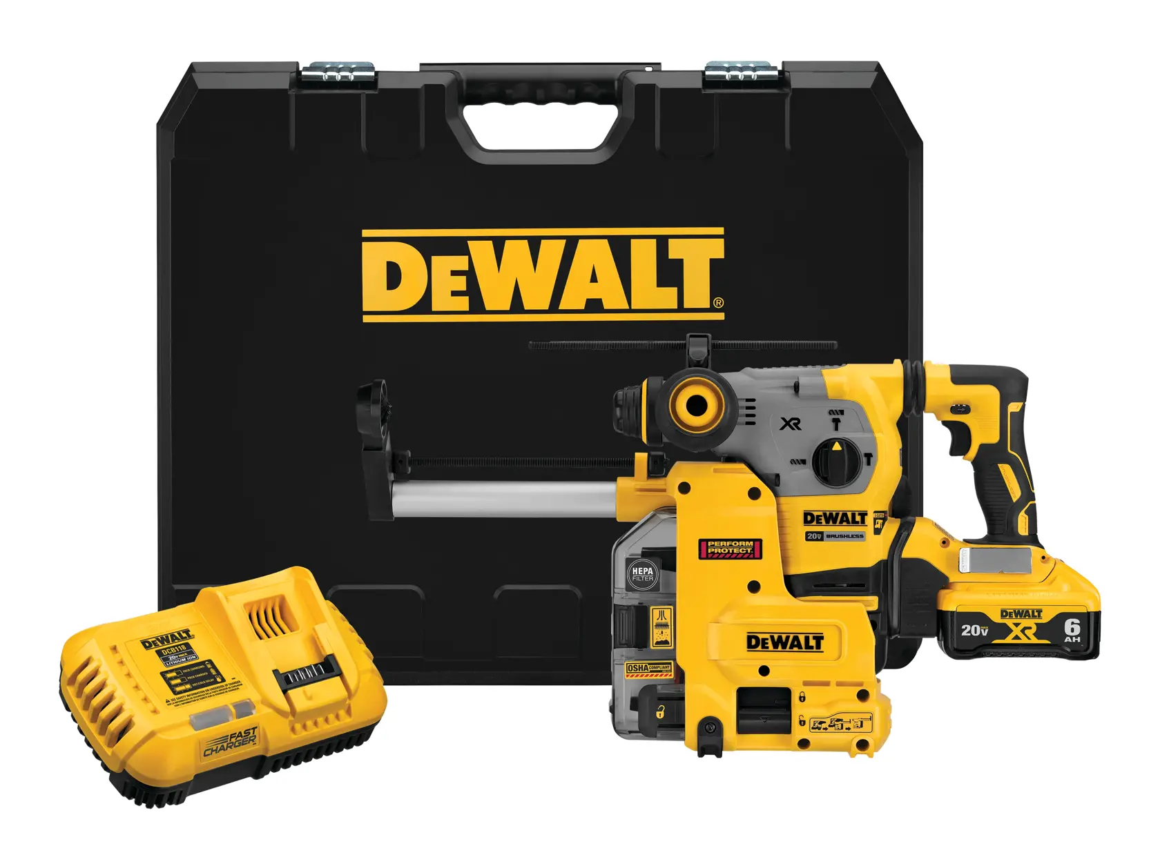 A DEWALT branded cordless rotary hammer drill kit, including a yellow and black rotary hammer drill, a battery charger, and a black carrying case with the DEWALT logo.